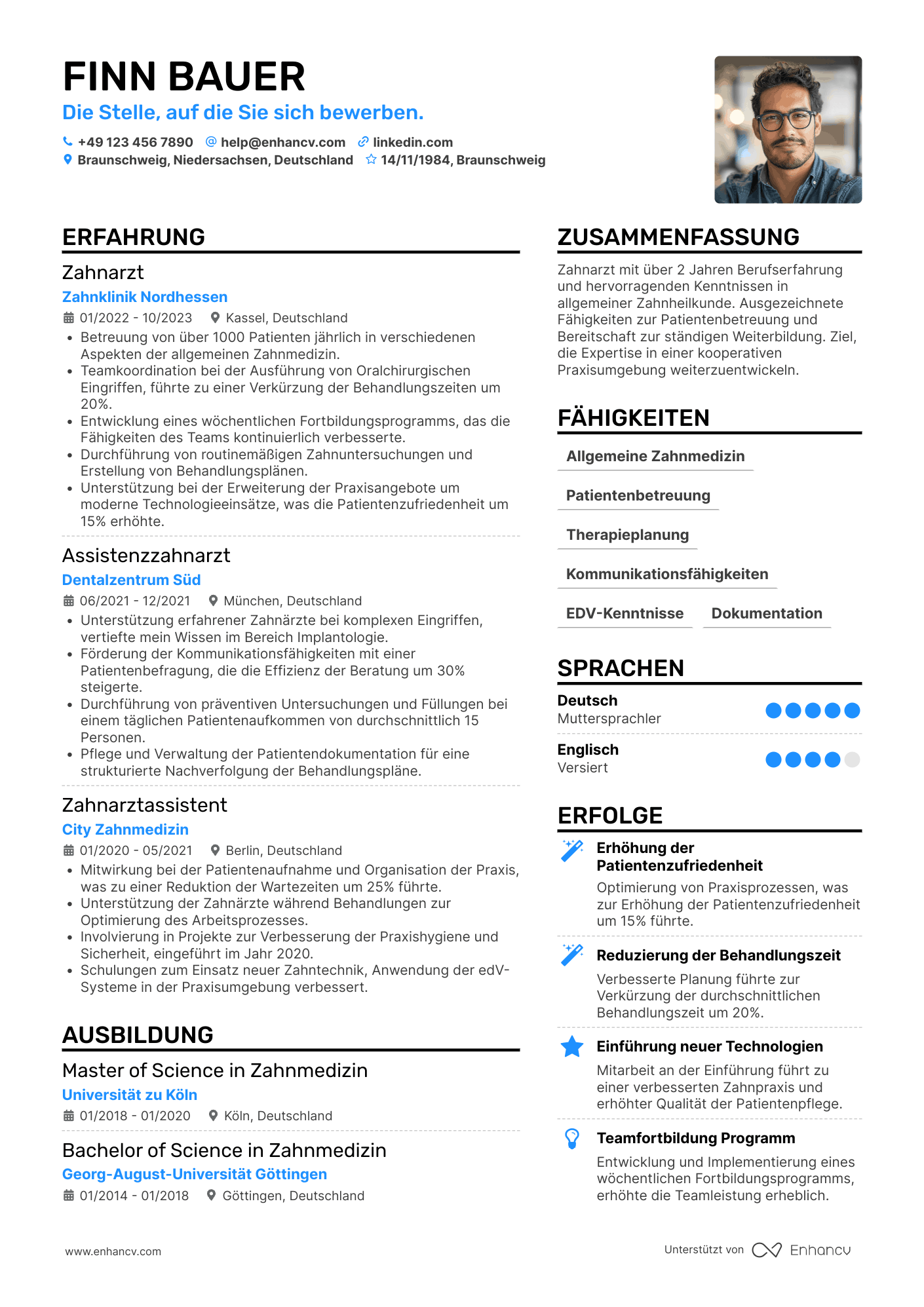 Lebenslauf als Zahnarzt für Einsteiger Resume Example