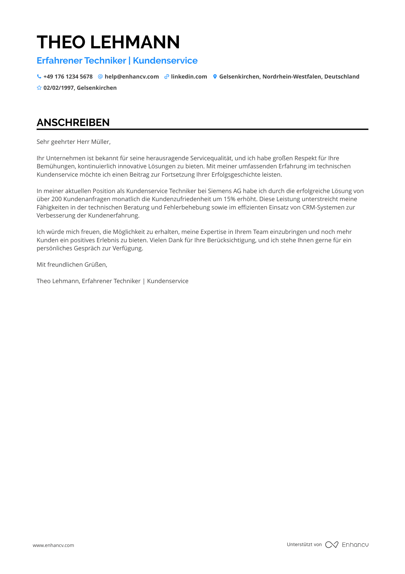 Kundenservice Techniker Resume Example