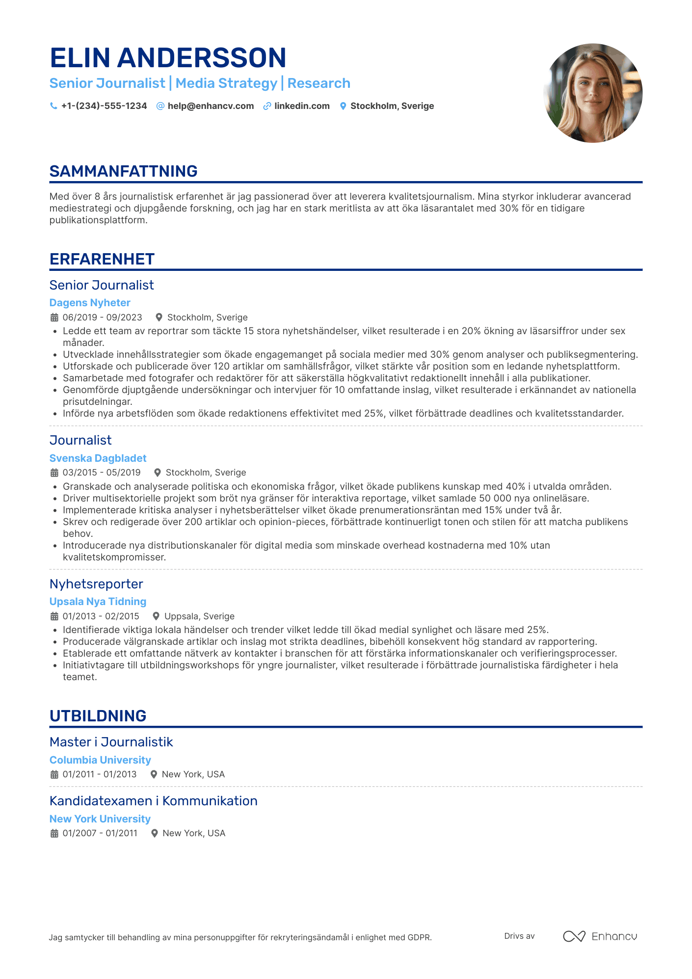 CV för Senior Journalist Resume Example