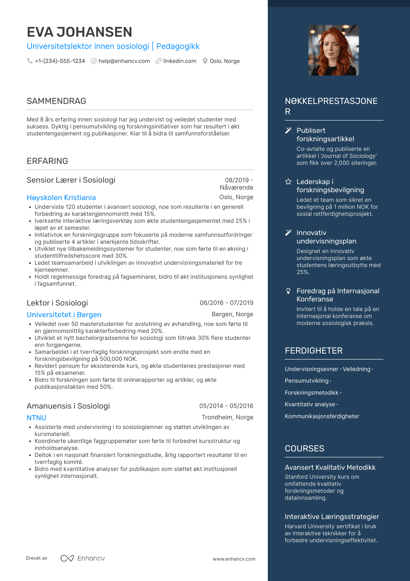 CV for Universitetslektor innen sosiologi Resume Example