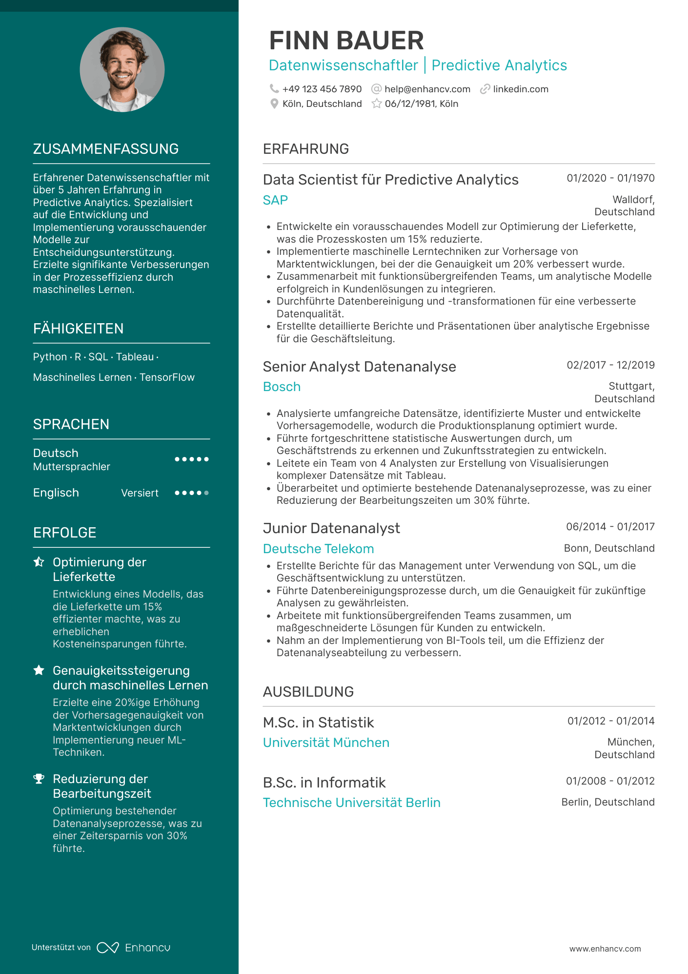 Lebenslauf als Datenwissenschaftler für Predictive Analytics Resume Example
