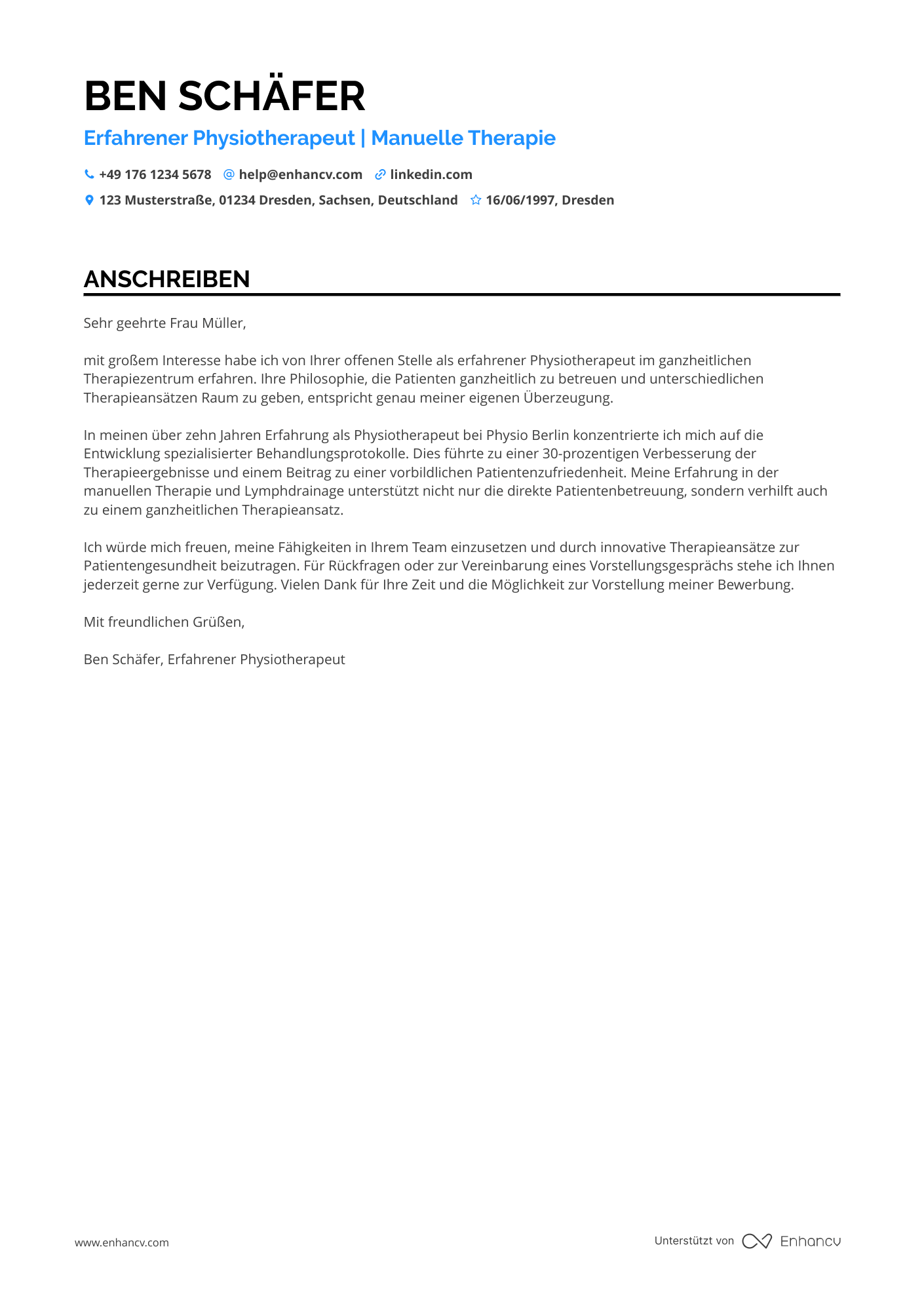 Erfahrener Physiotherapeut Resume Example