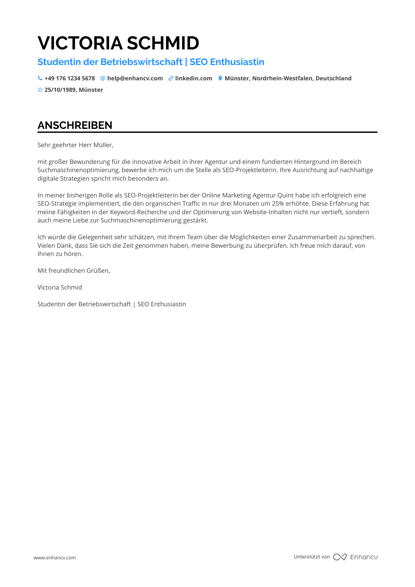 Praktikum als SEO Spezialist Resume Example