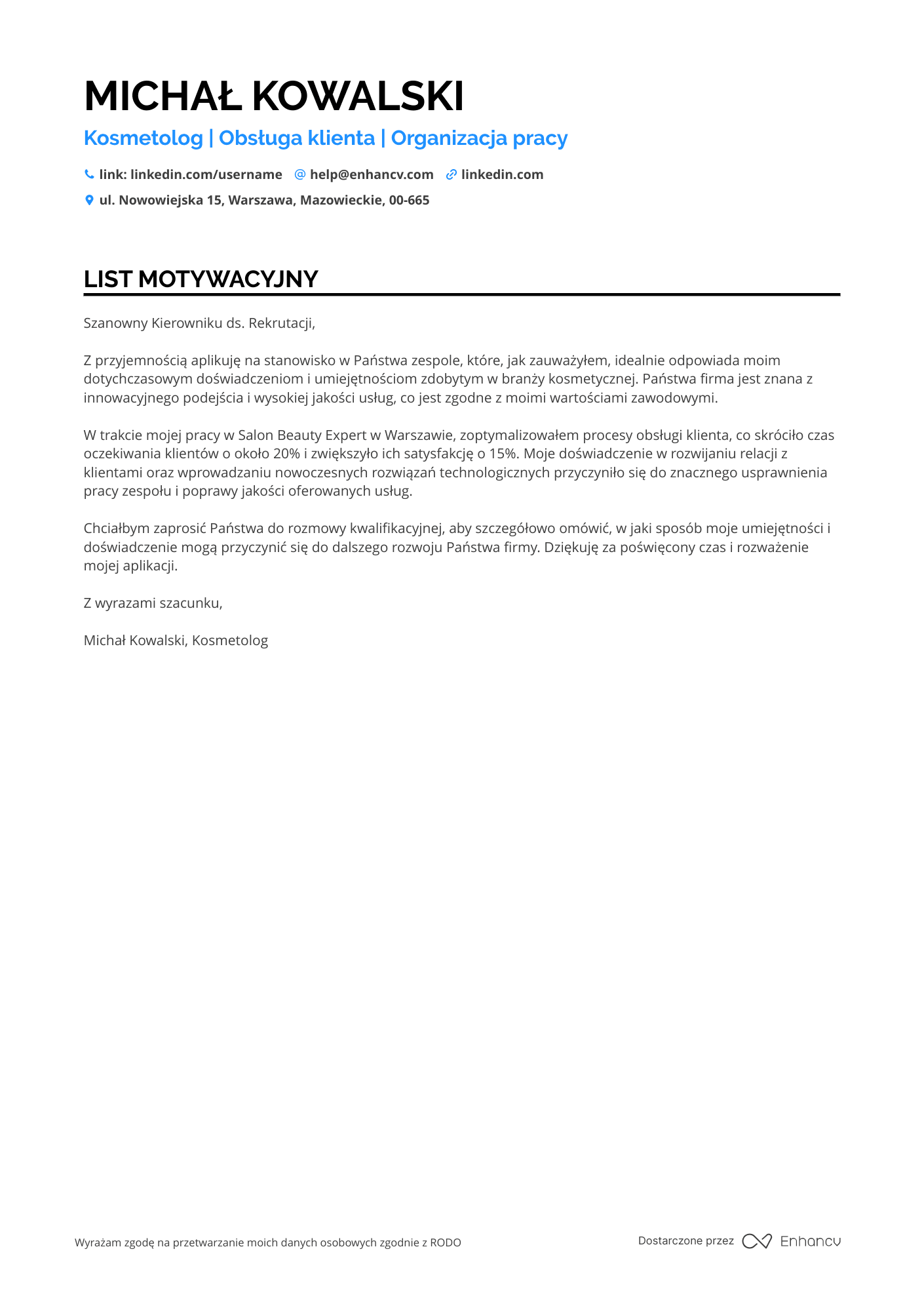 List motywacyjny dla Asystent Kosmetologa Resume Example