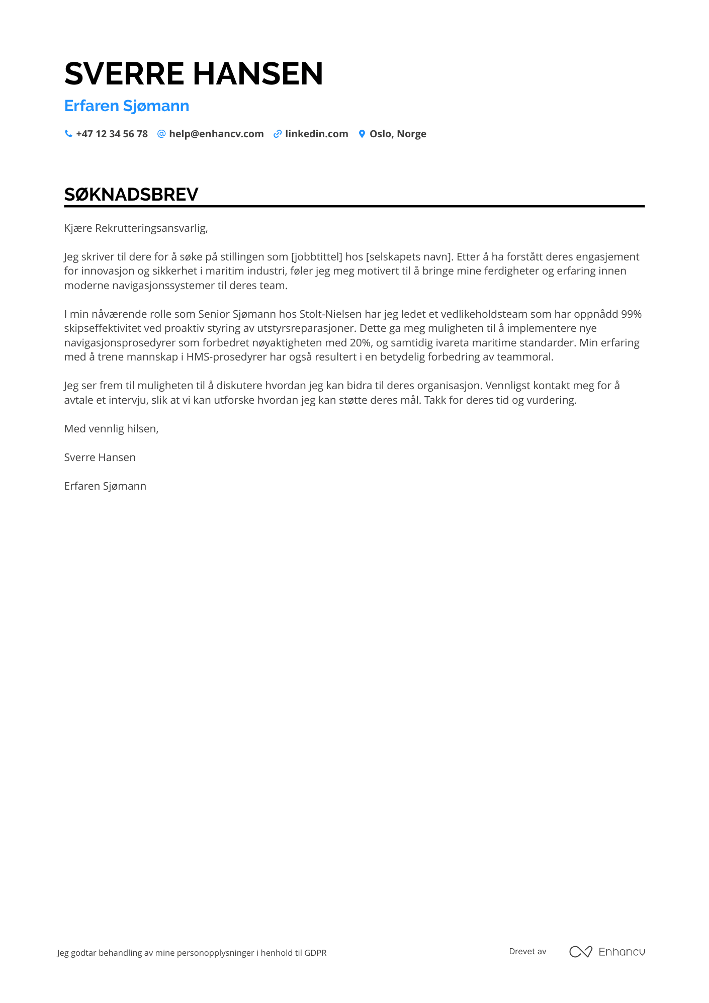 Søknadsbrev for Sjømann Erfaren Resume Example