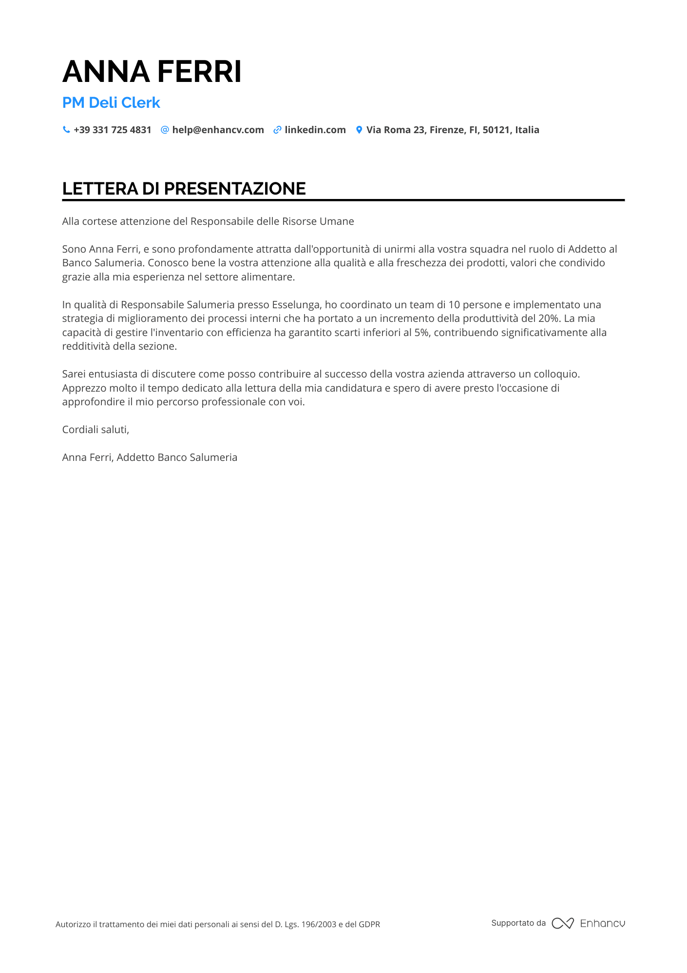 Salumiere di Negozio di Alimentari Resume Example