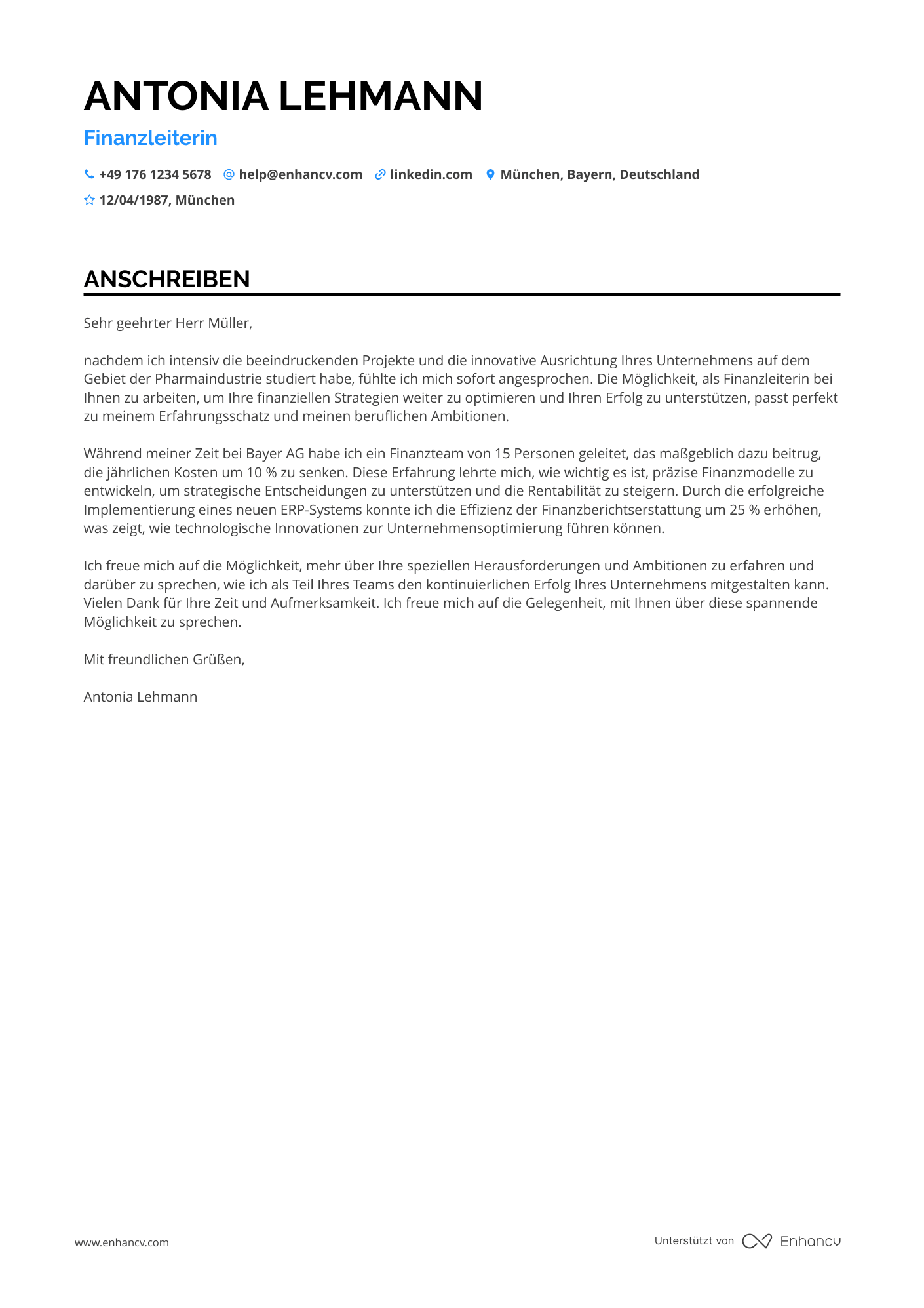 Finanzvorstand in der Pharmaindustrie Resume Example