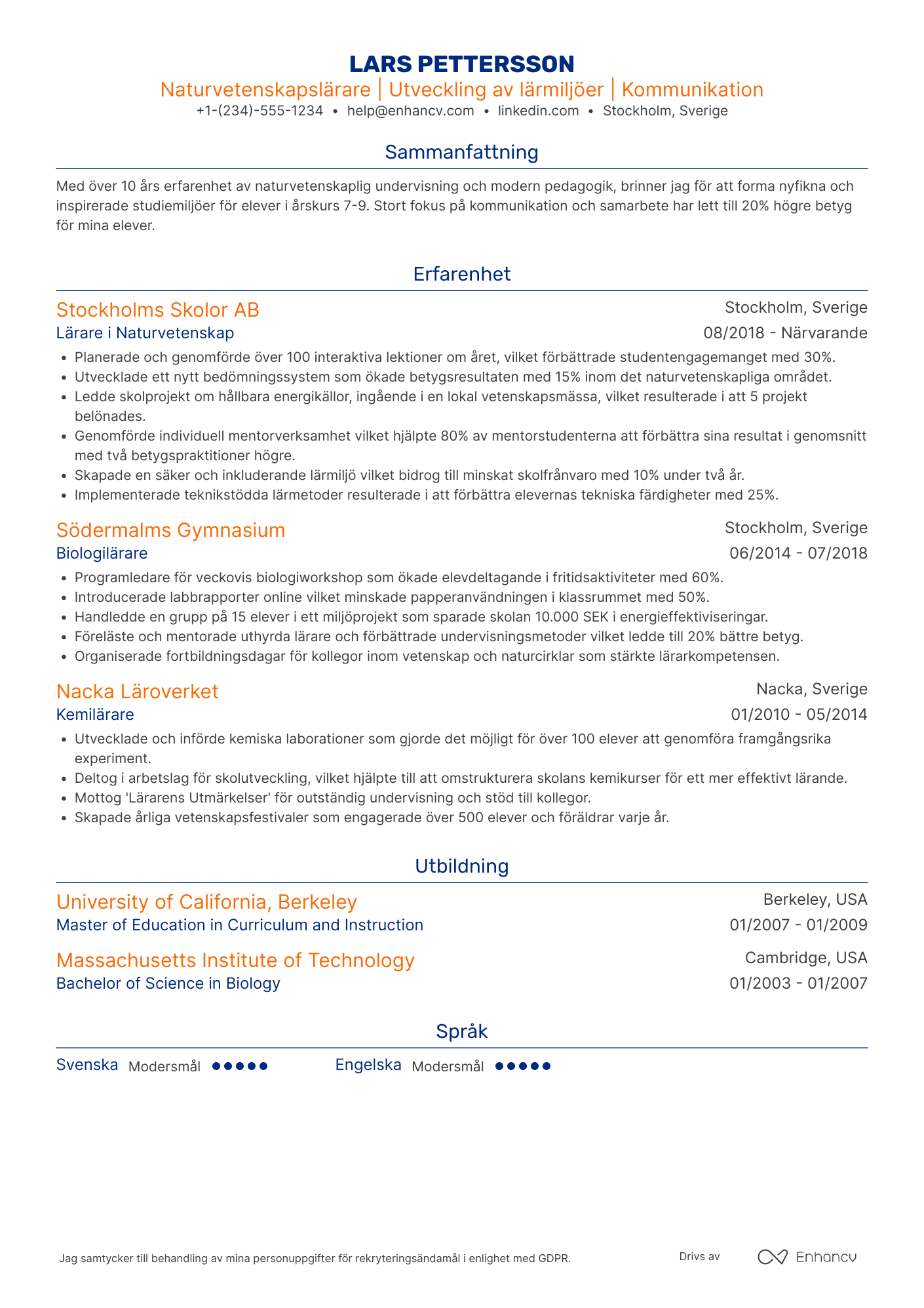 CV för Grundskollärare i naturvetenskap Resume Example