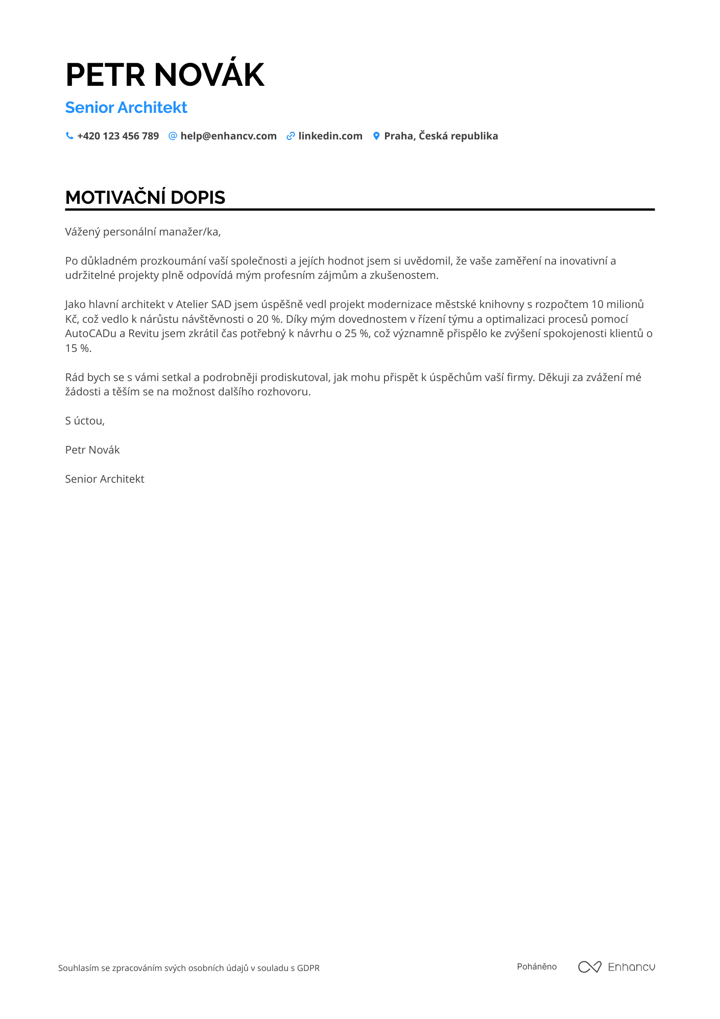 Motivační dopis pro Senior architekt Resume Example