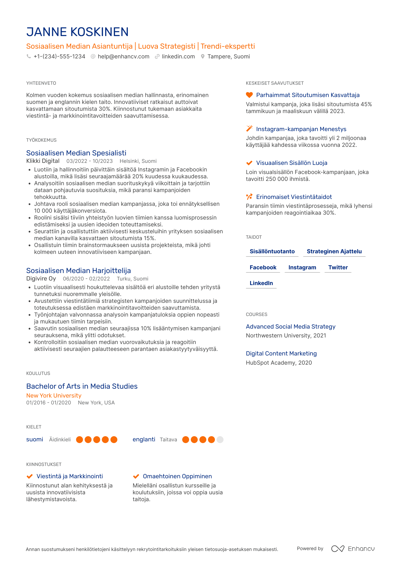 Ansioluettelo Junior sosiaalisen median päällikkö Resume Example