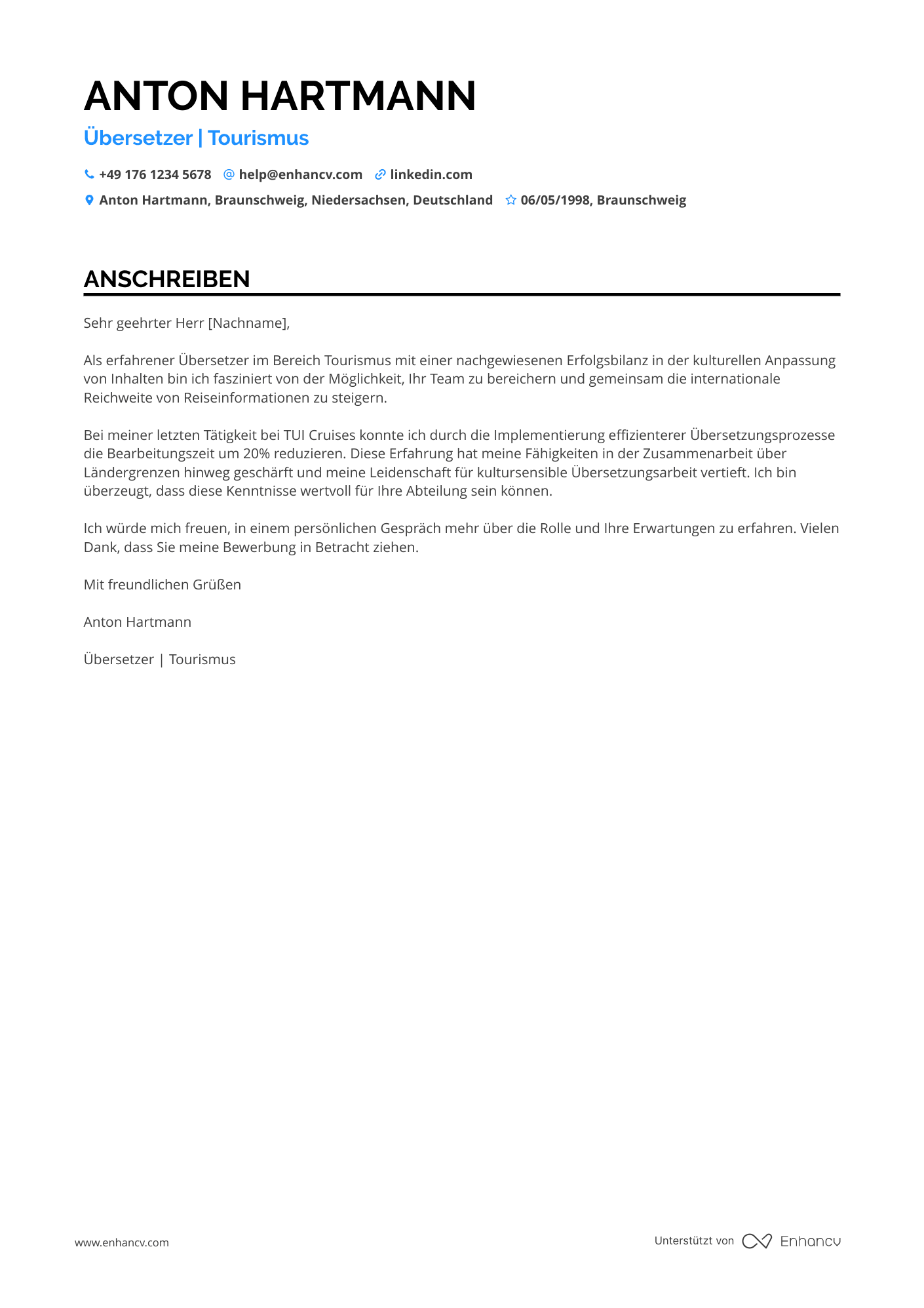 Übersetzer in der Tourismusbranche Resume Example