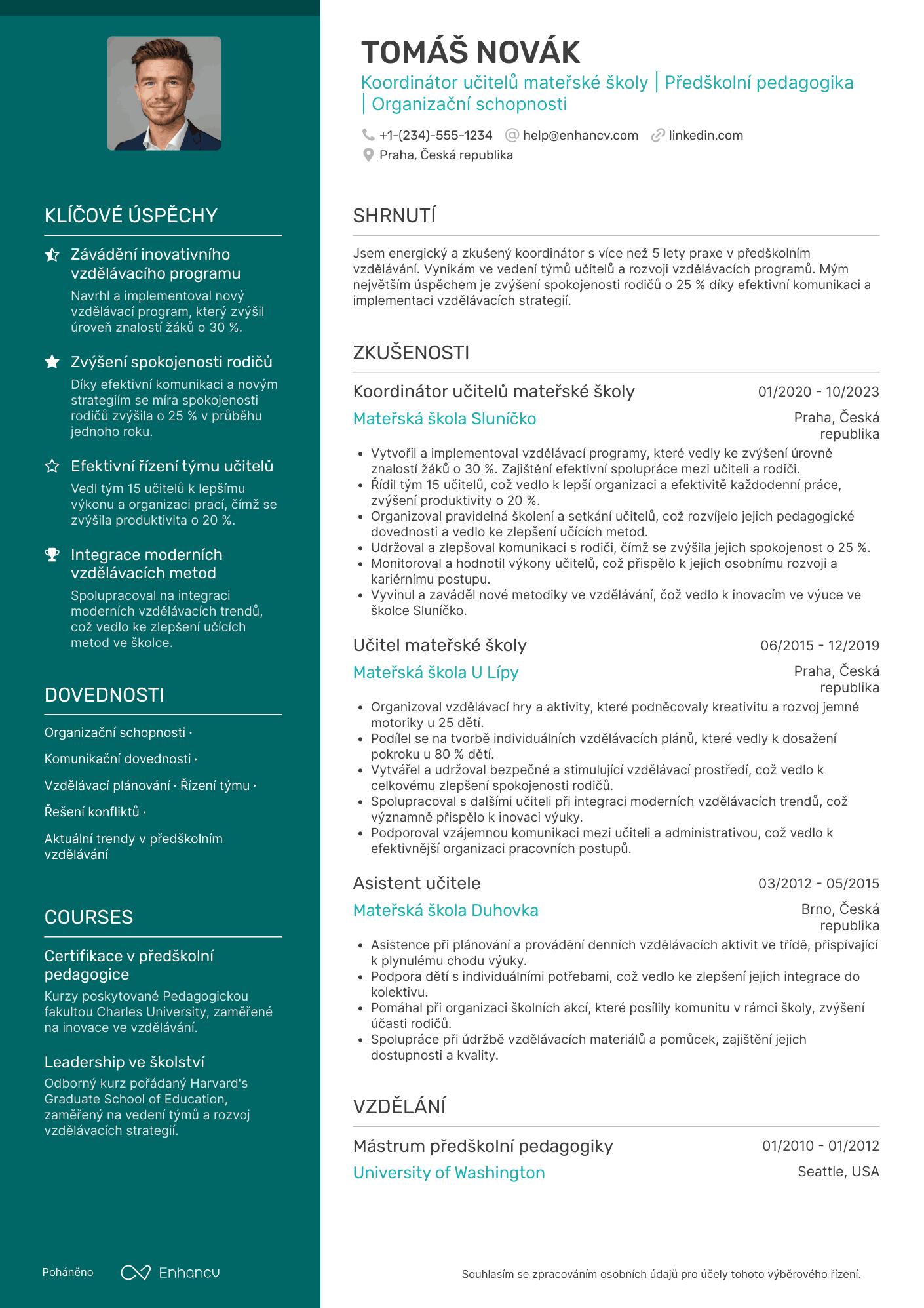 Životopis pro Koordinátor učitelů mateřské školy Resume Example