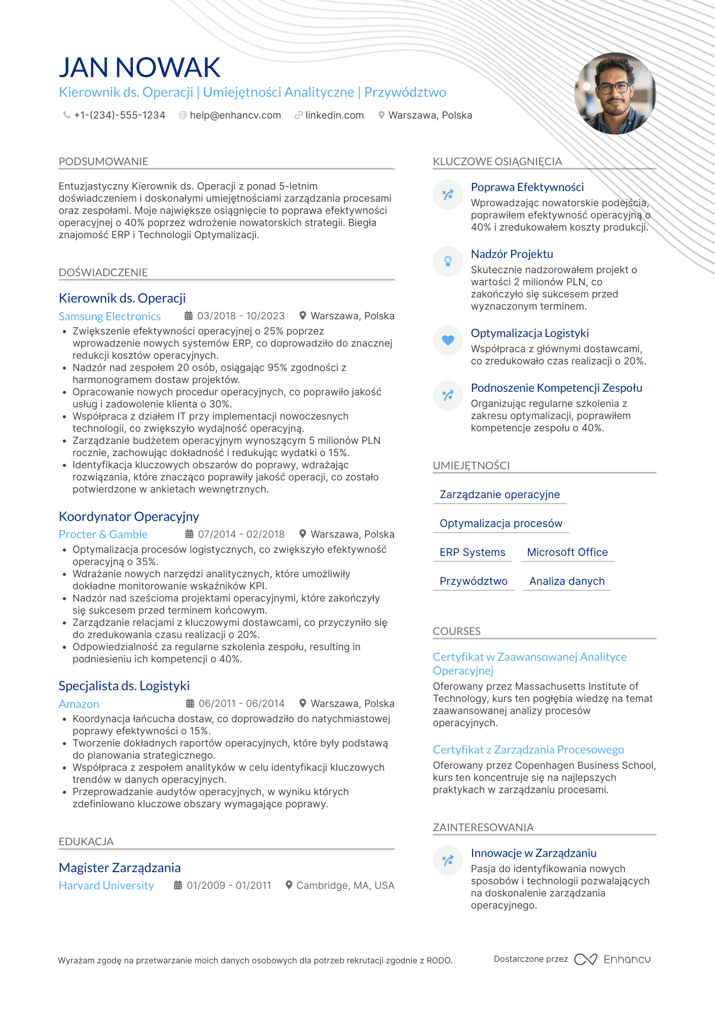 CV dla Kierownik ds. Operacji Resume Example