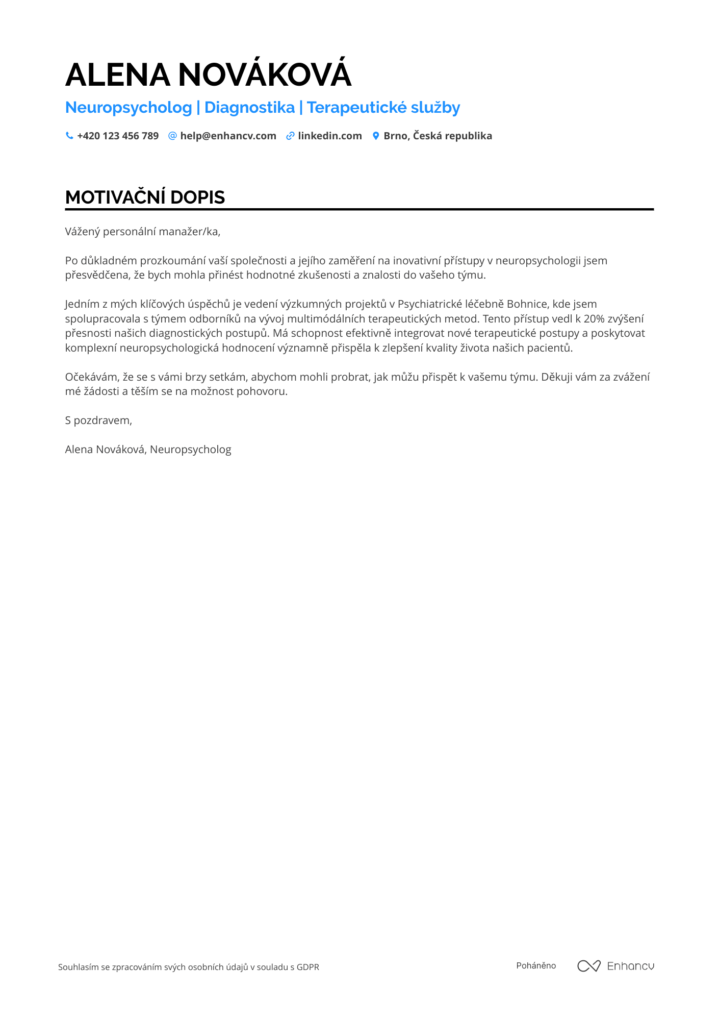 Motivační dopis pro Neuropsycholog Resume Example