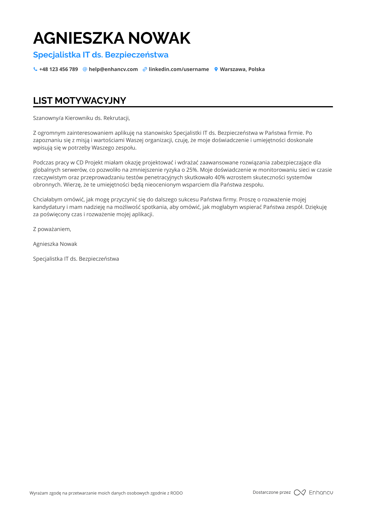 List motywacyjny dla Specjalista IT ds. Bezpieczeństwa Resume Example