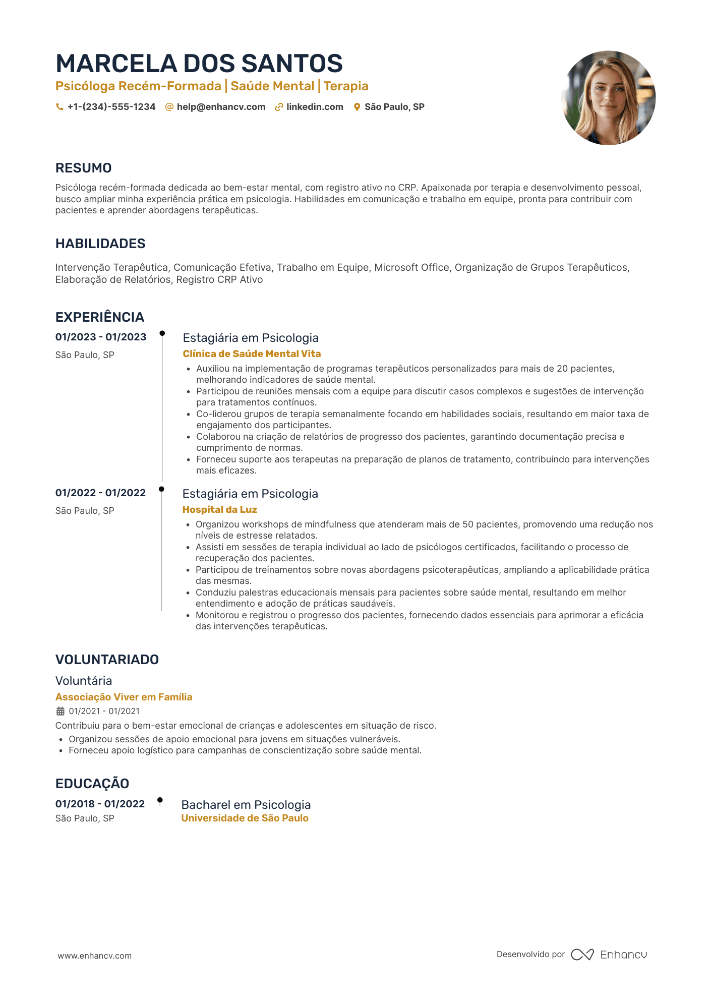 Currículo de psicólogo sem experiência Resume Example