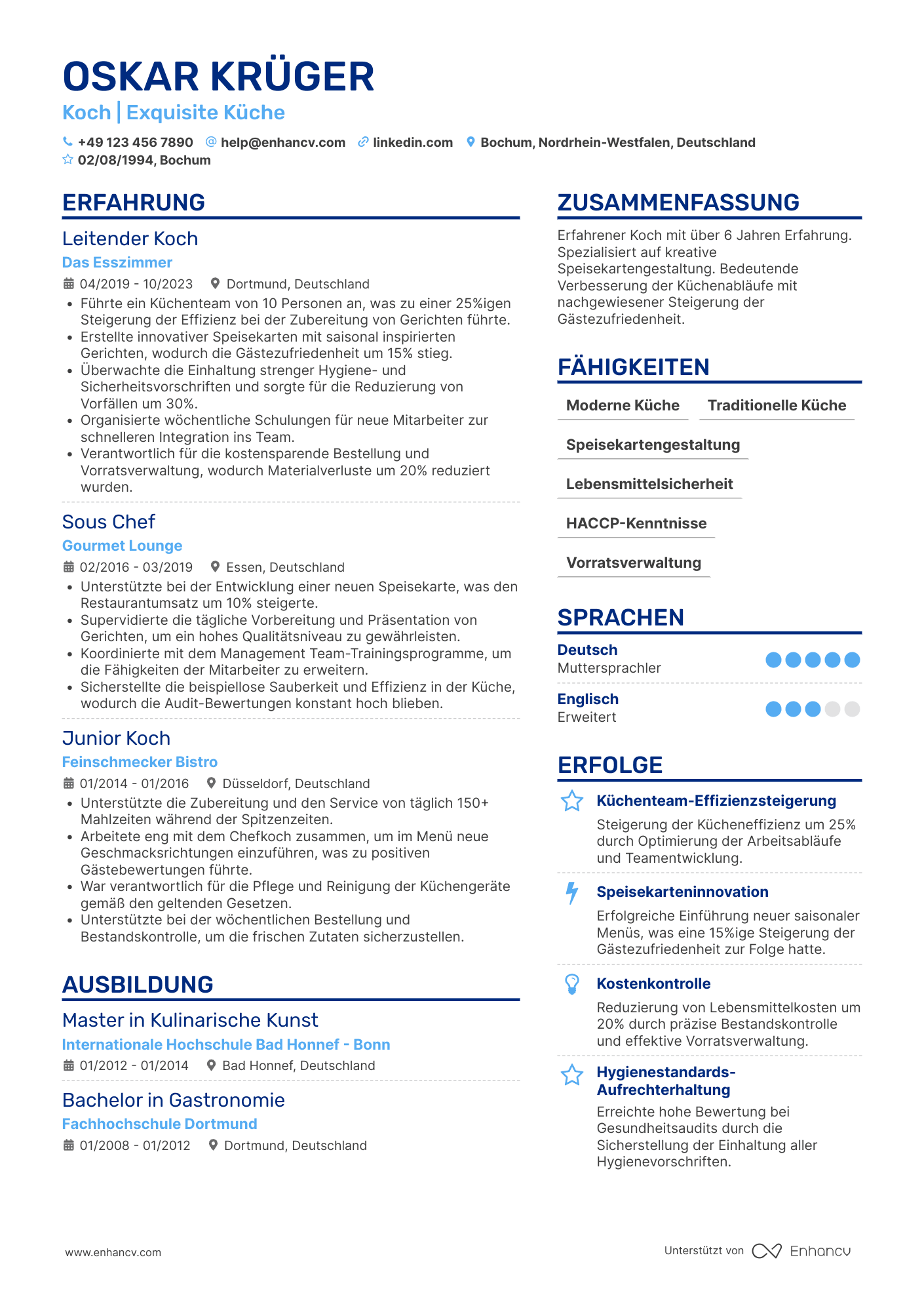 Lebenslauf in Koch in der Restaurantindustrie Resume Example