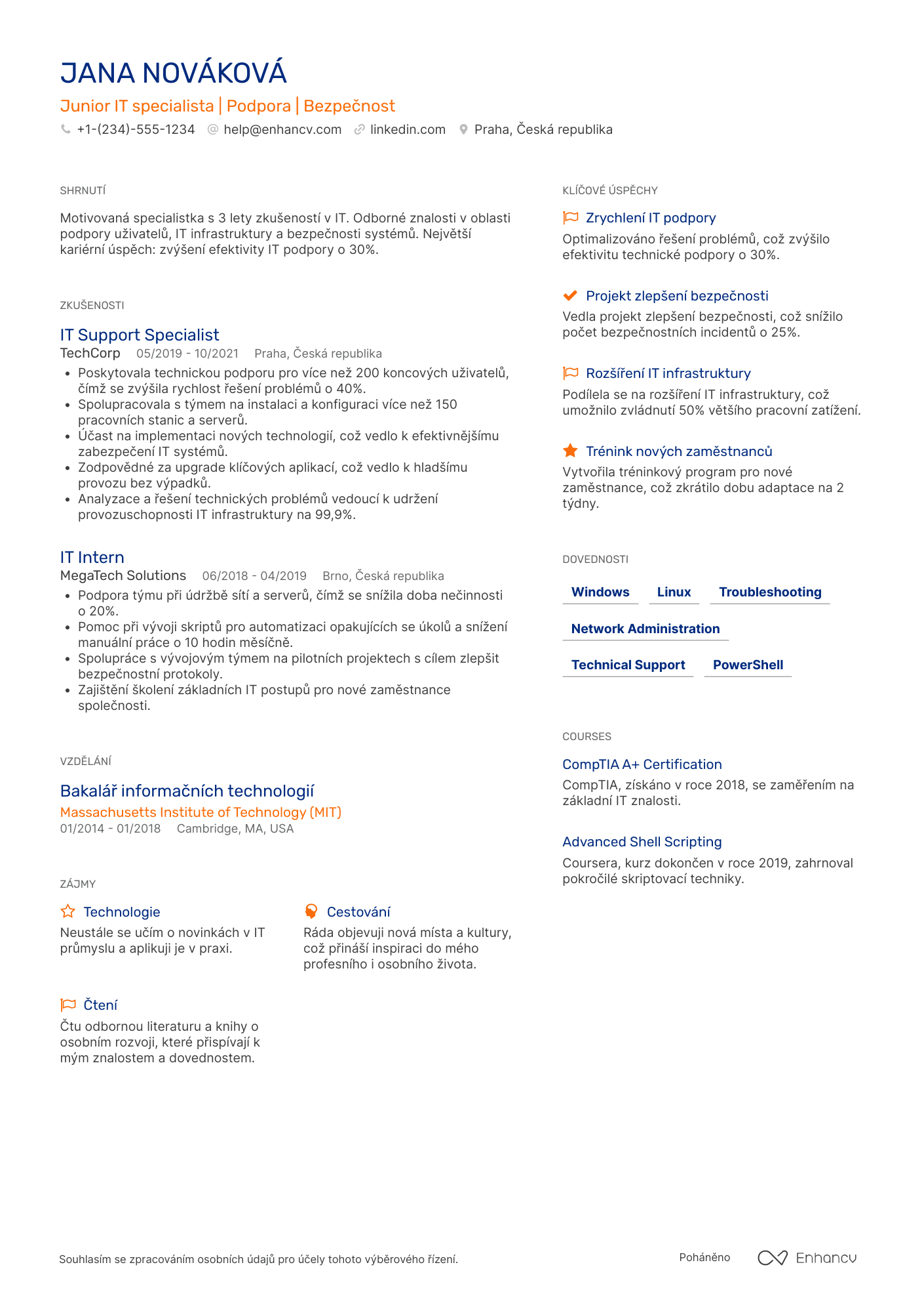 Životopis pro Junior IT specialista Resume Example