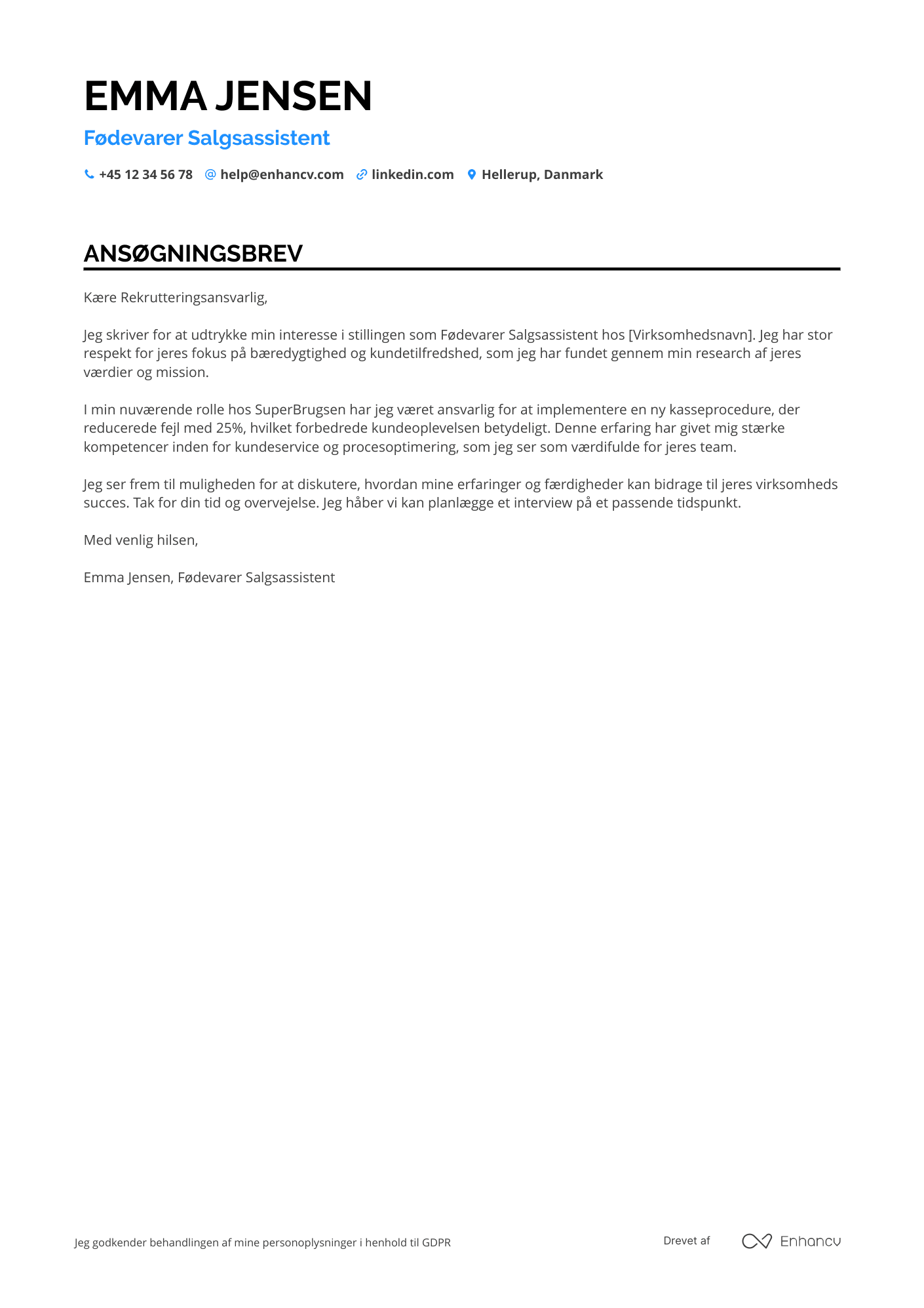 Ansøgningsbrev til Fødevarer Salgsassistent Resume Example
