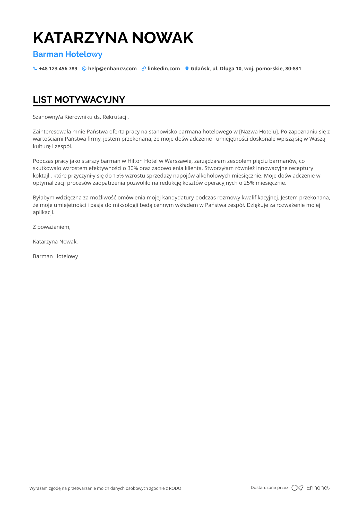 List motywacyjny dla Barman Hotelowy Resume Example