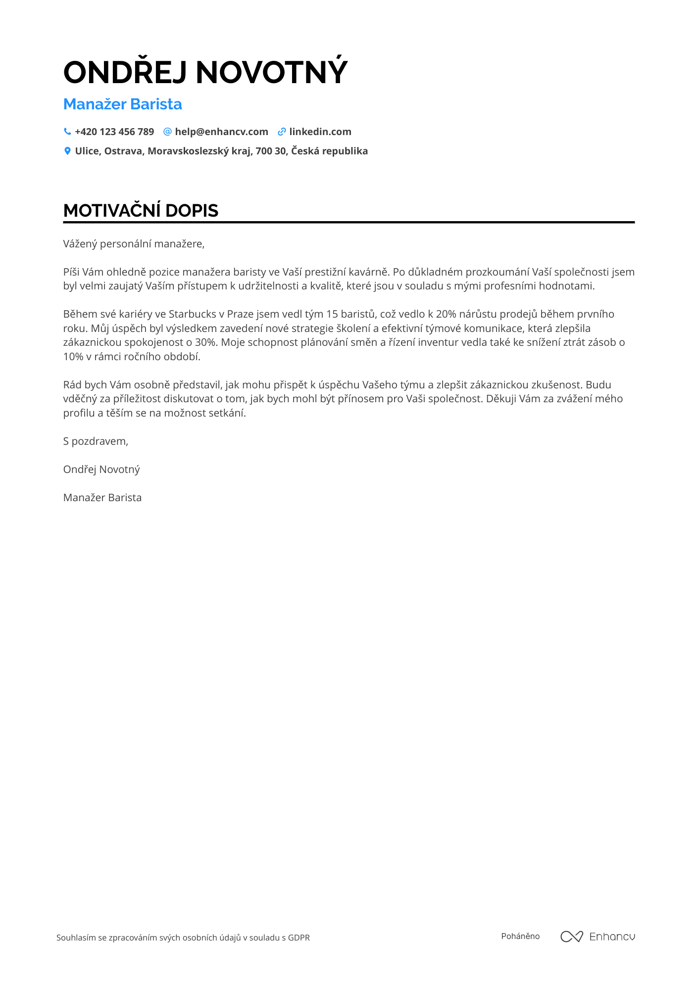 Motivační dopis pro Manažer Barista Resume Example
