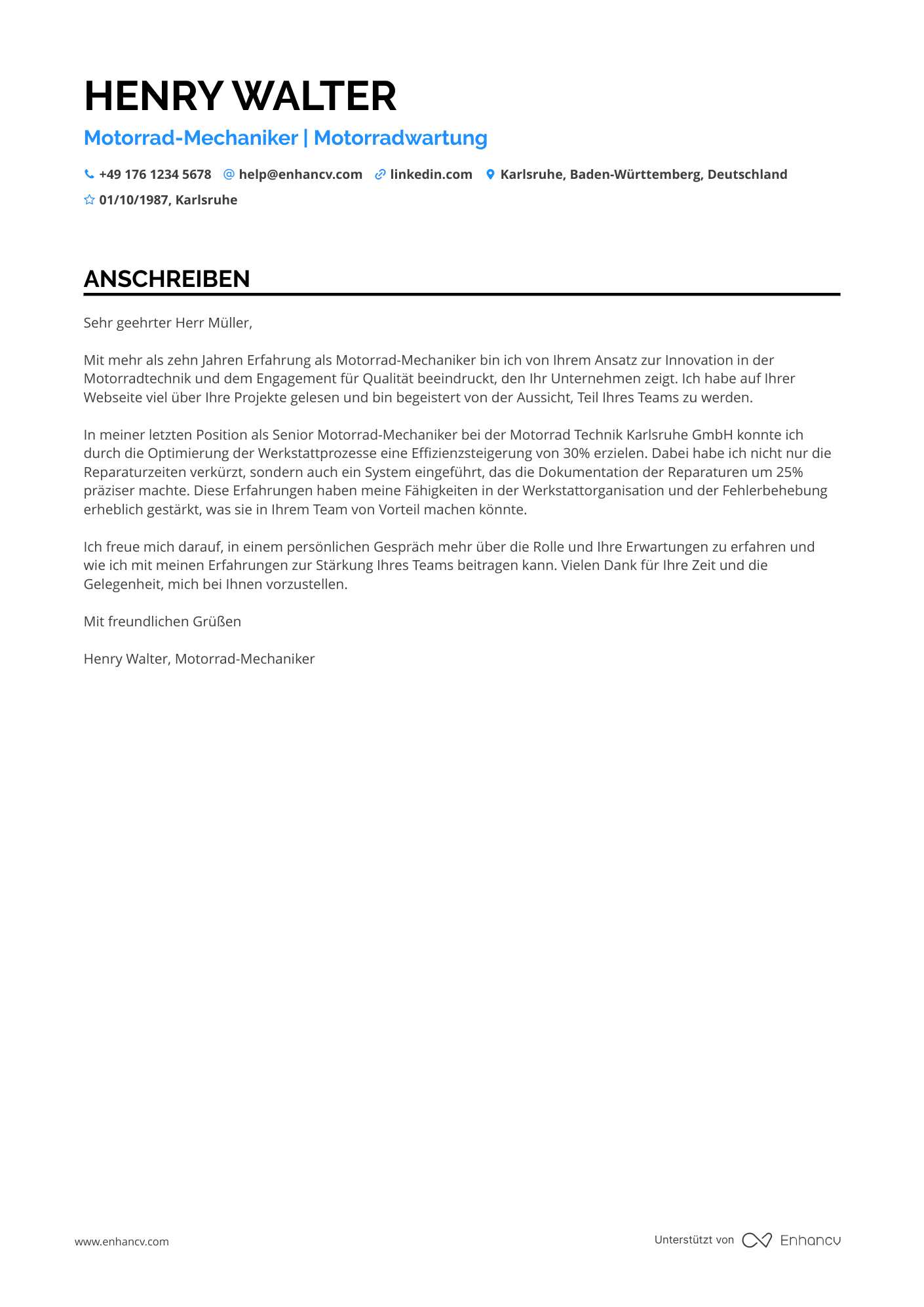 Motorrad Mechaniker Resume Example
