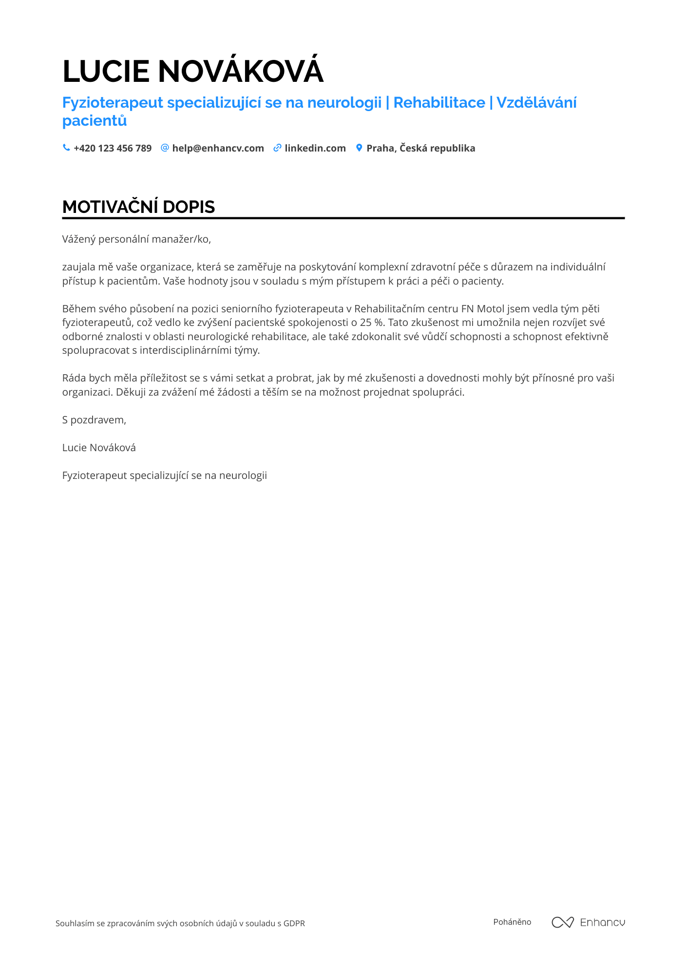Motivační dopis pro Fyzioterapeut pro neurologii Resume Example