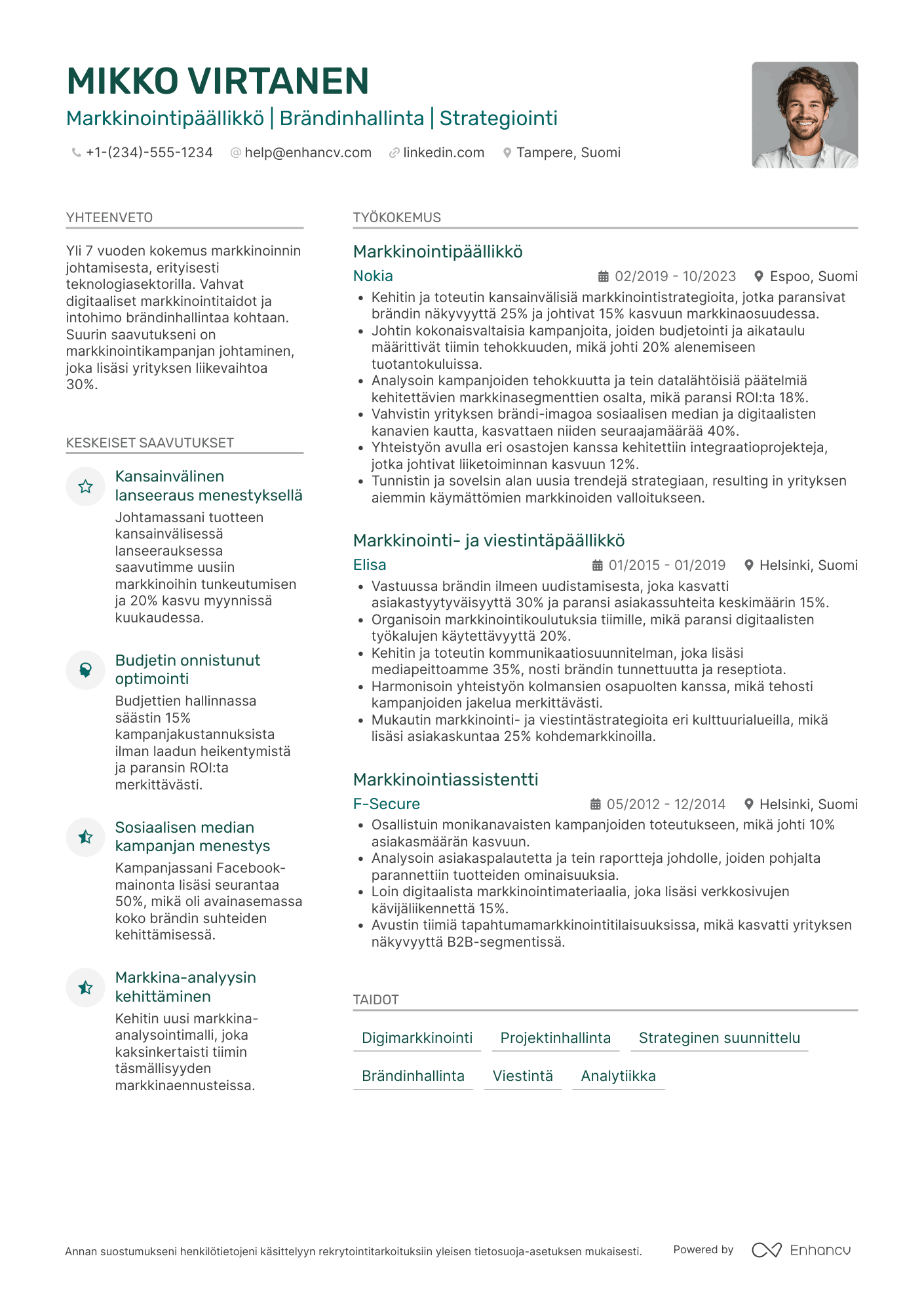 Ansioluettelo Teknologiayrityksen Markkinointipäällikkö Resume Example