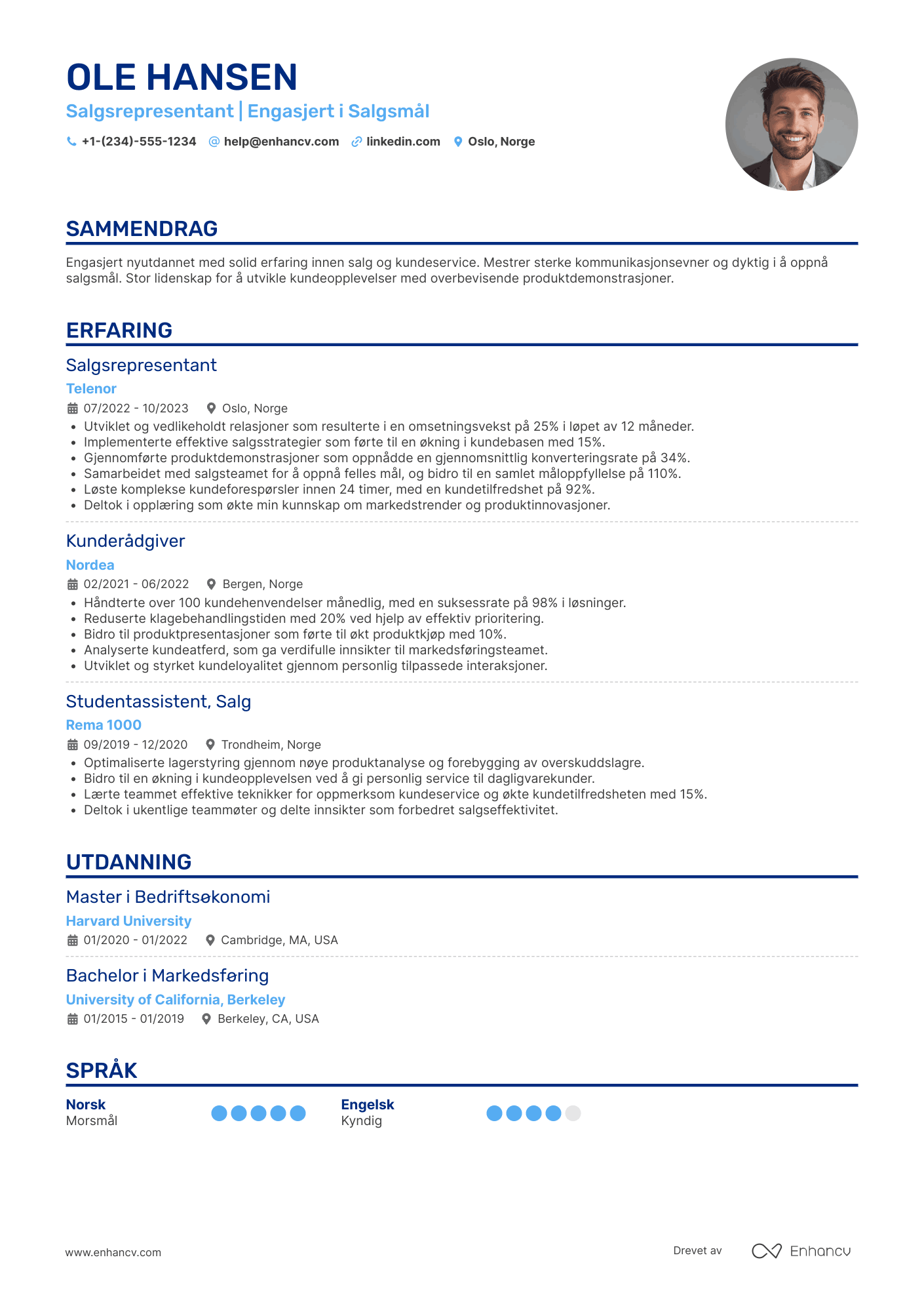 CV for Nyutdannede Salgsrepresentant Resume Example