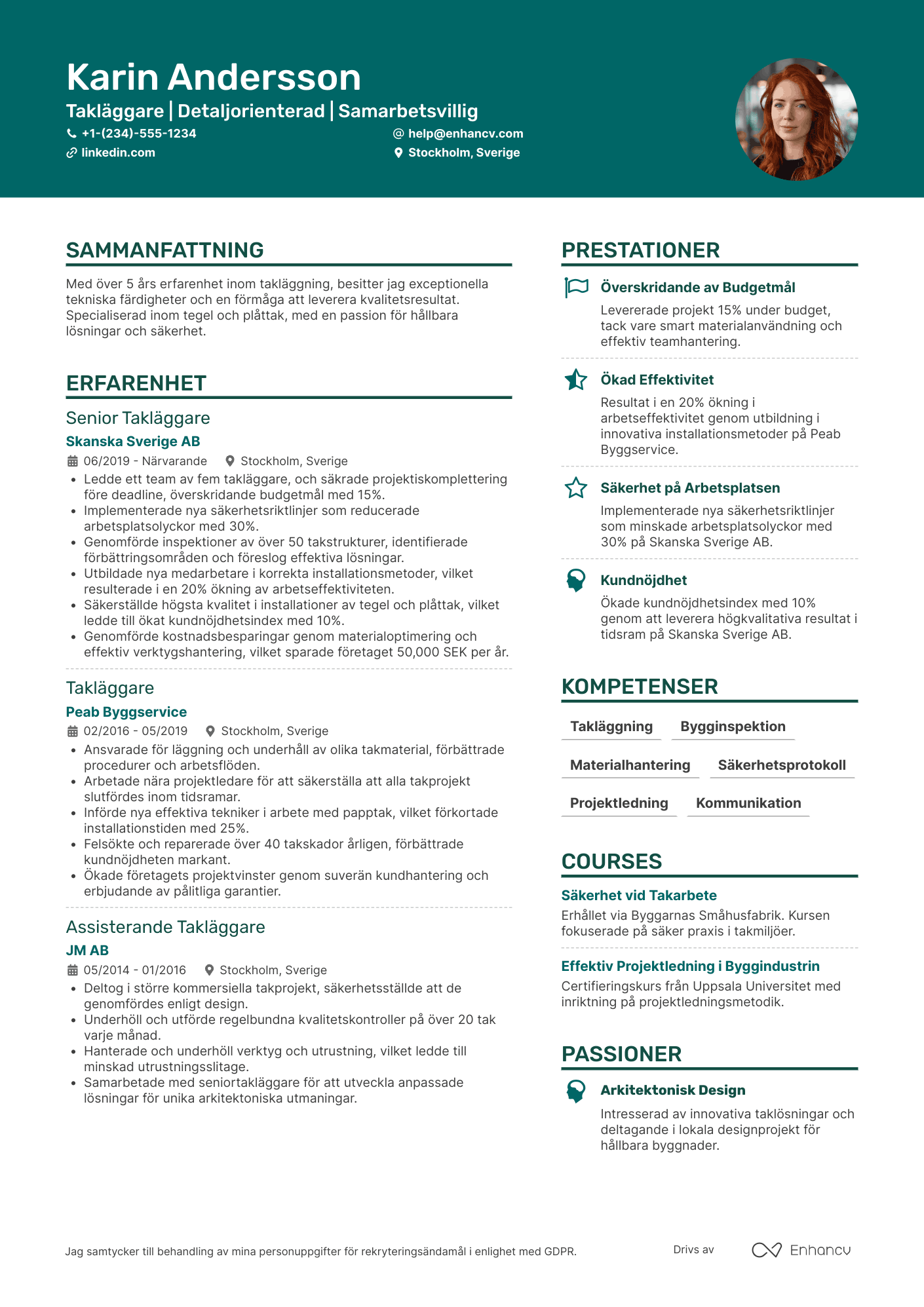 CV för Byggnadsarbetare Takläggare Resume Example