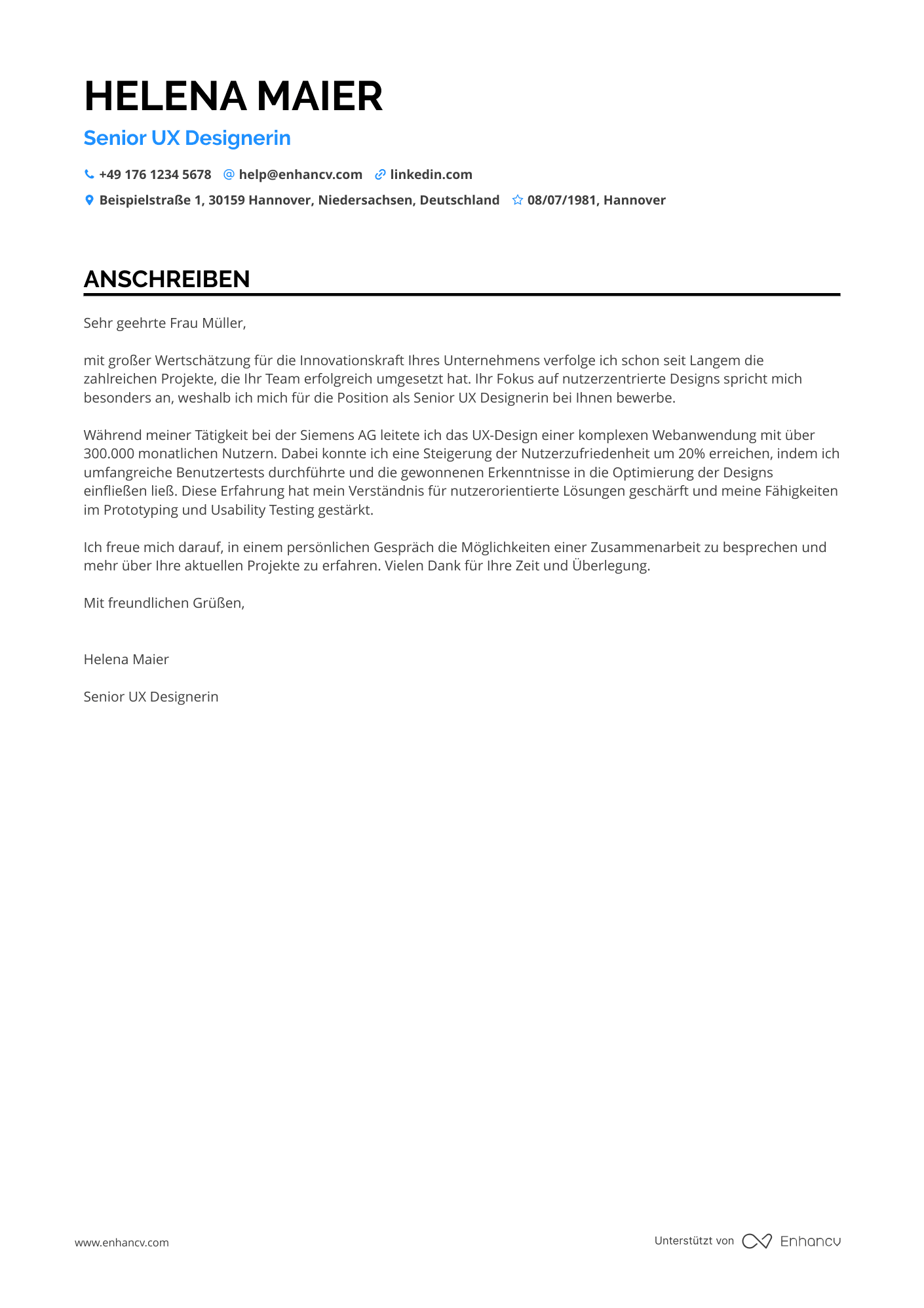 UX Designer für Webanwendungen Resume Example