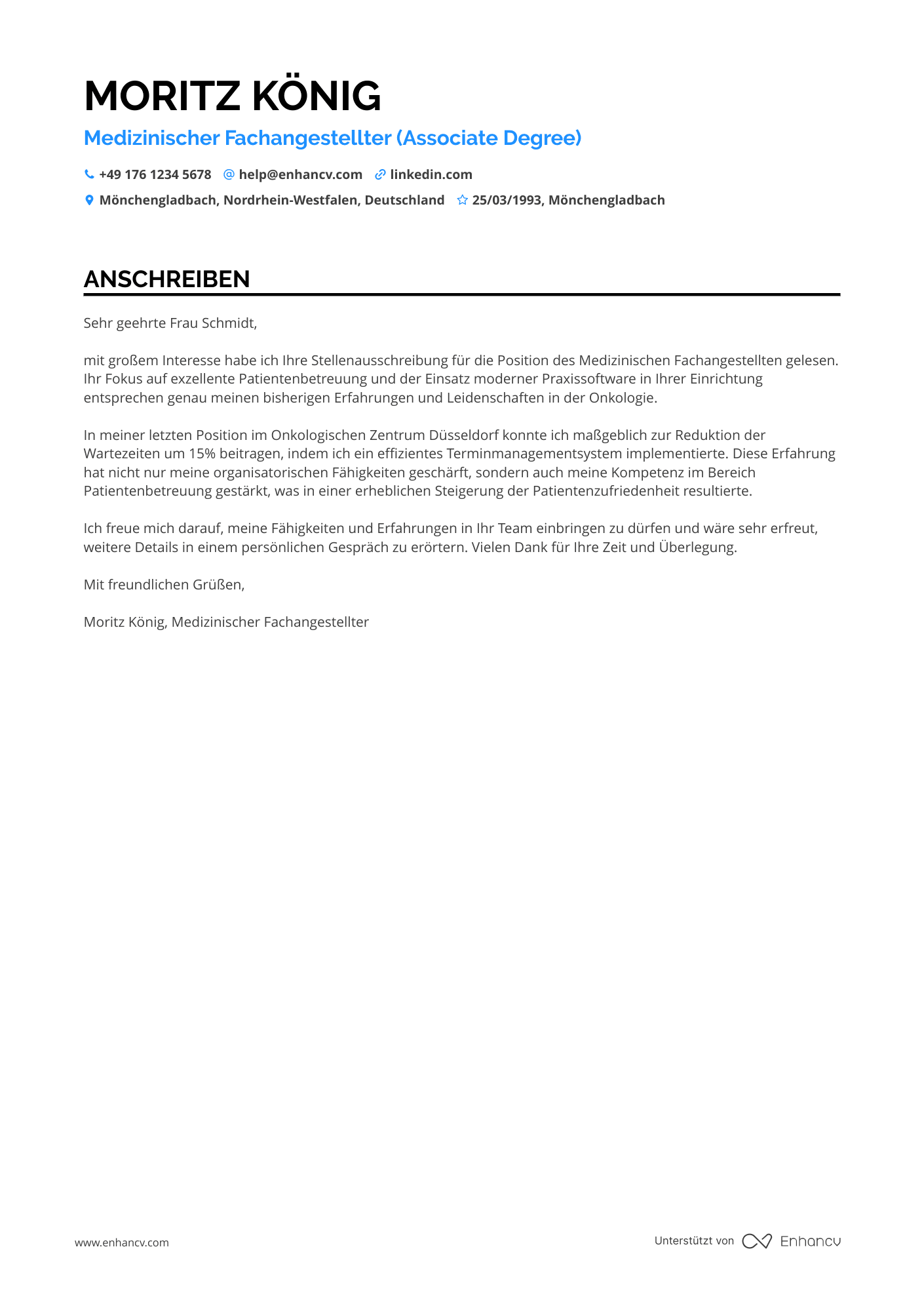 Arzthelferin in der Onkologie Resume Example
