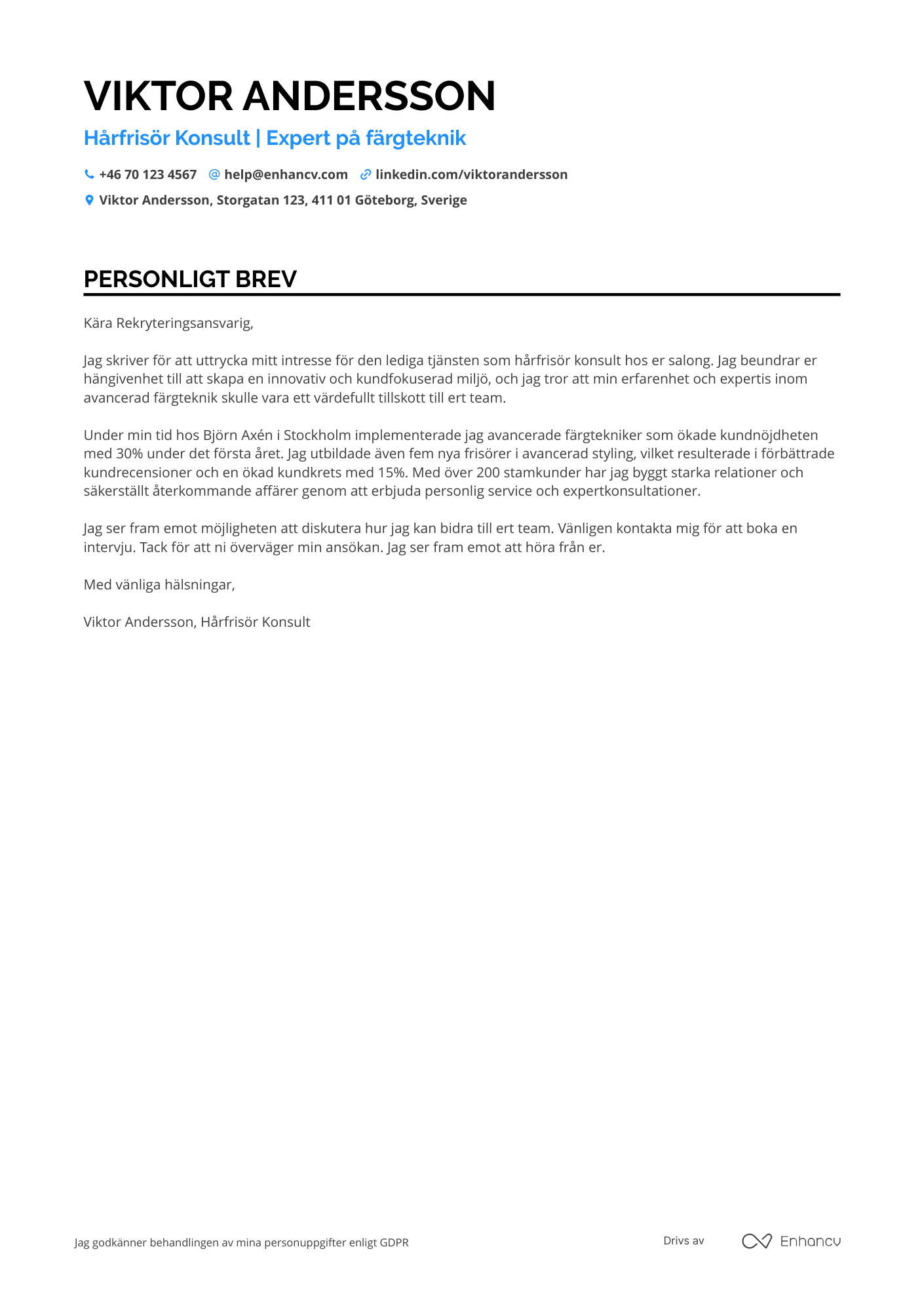Personligt brev för Hårfrisör Konsult Resume Example
