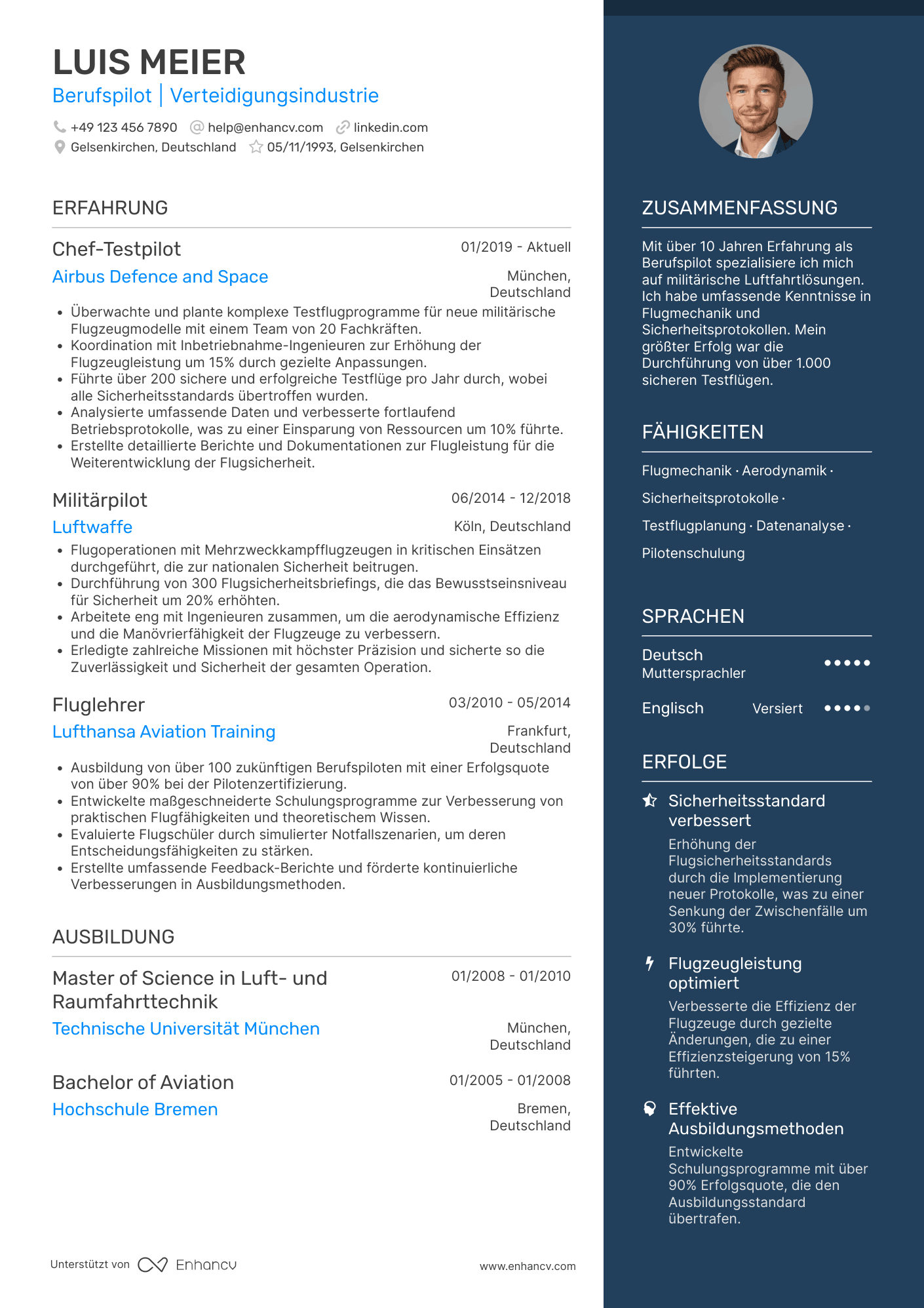 Lebenslauf in Pilot für Verteidigungsindustrie Resume Example
