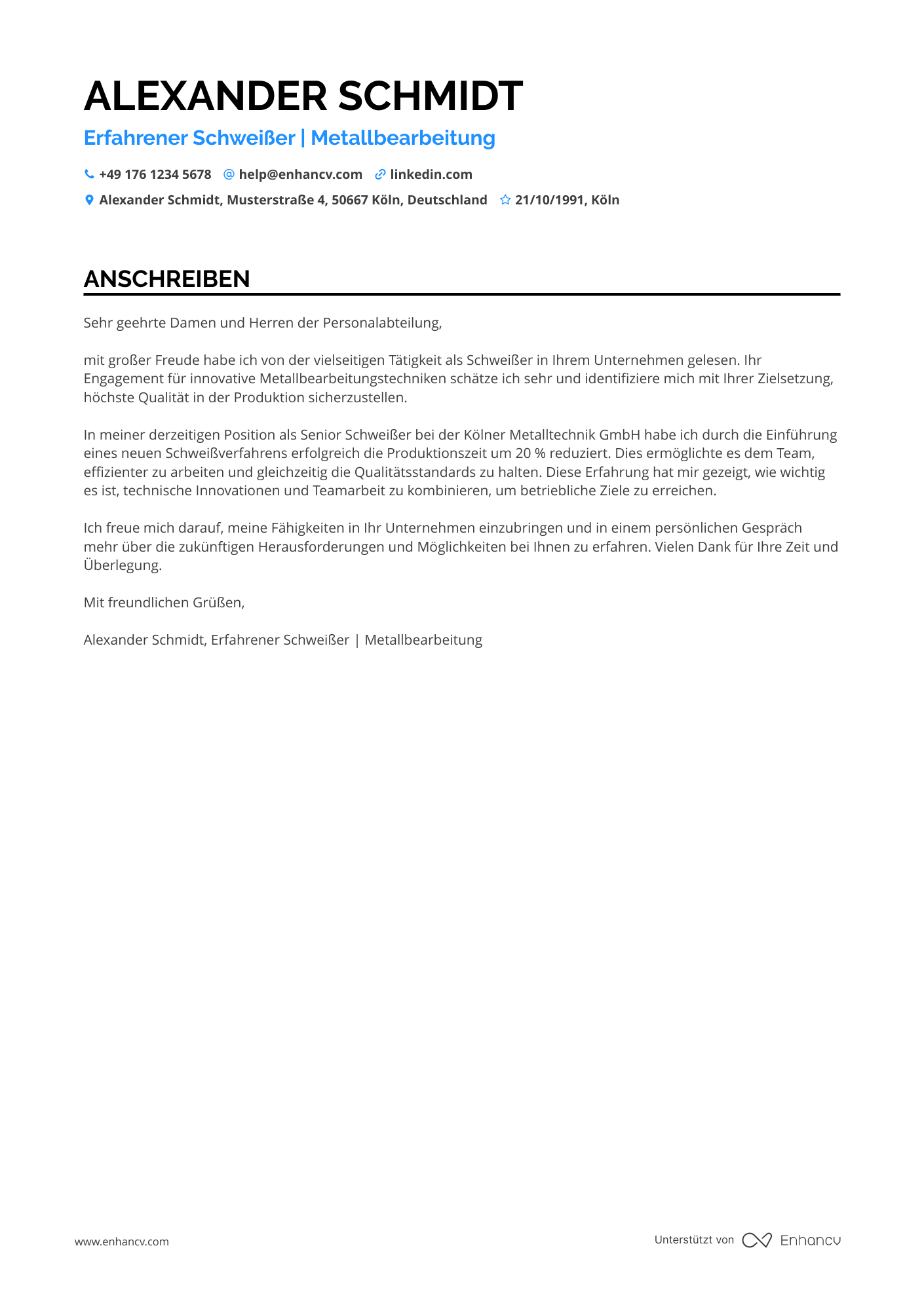 Erfahrener Schweißer Resume Example