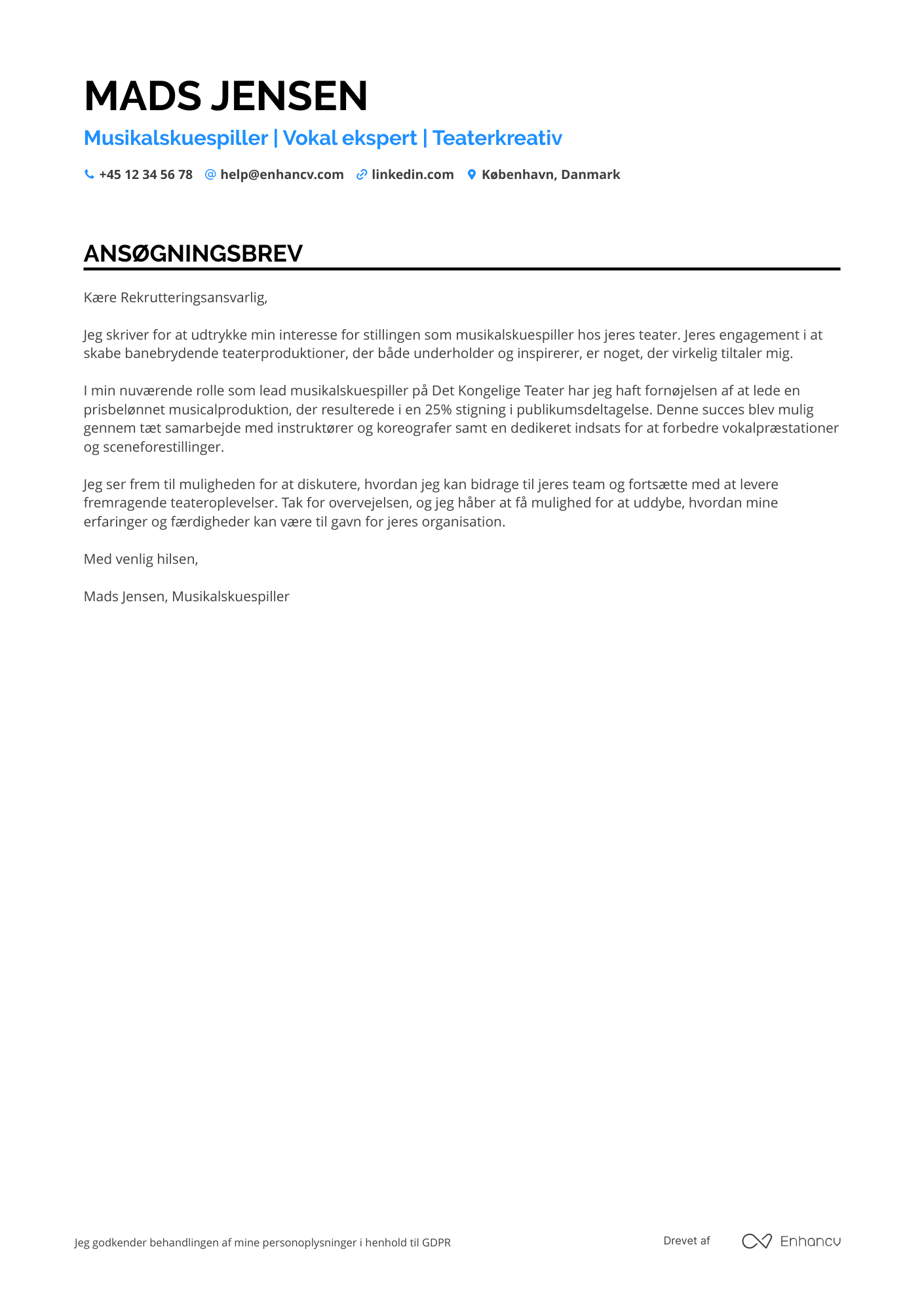 Ansøgningsbrev til Musikalskuespiller Resume Example