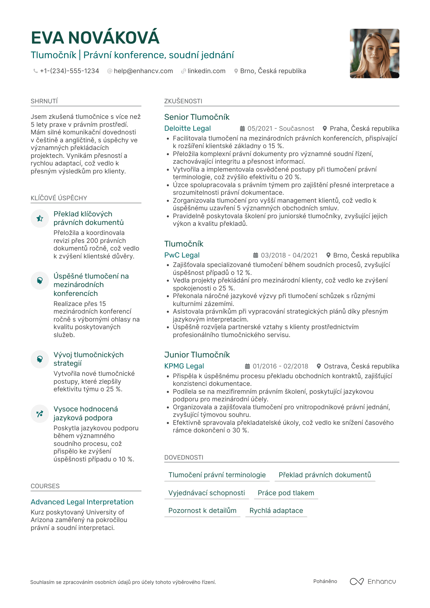 Životopis pro Tlumočník pro právní služby Resume Example