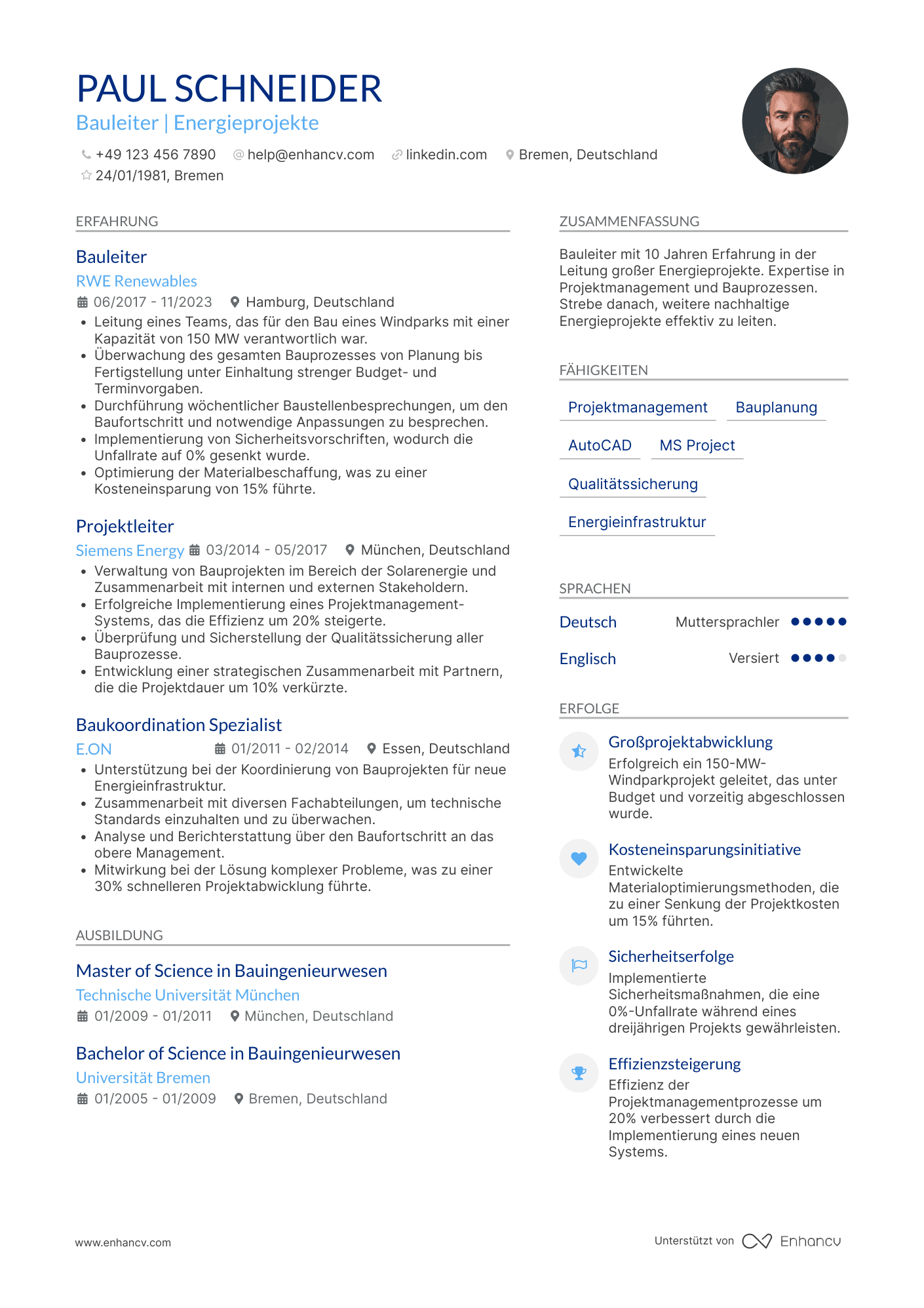 Lebenslauf in Bauleiter in der Energieindustrie Resume Example