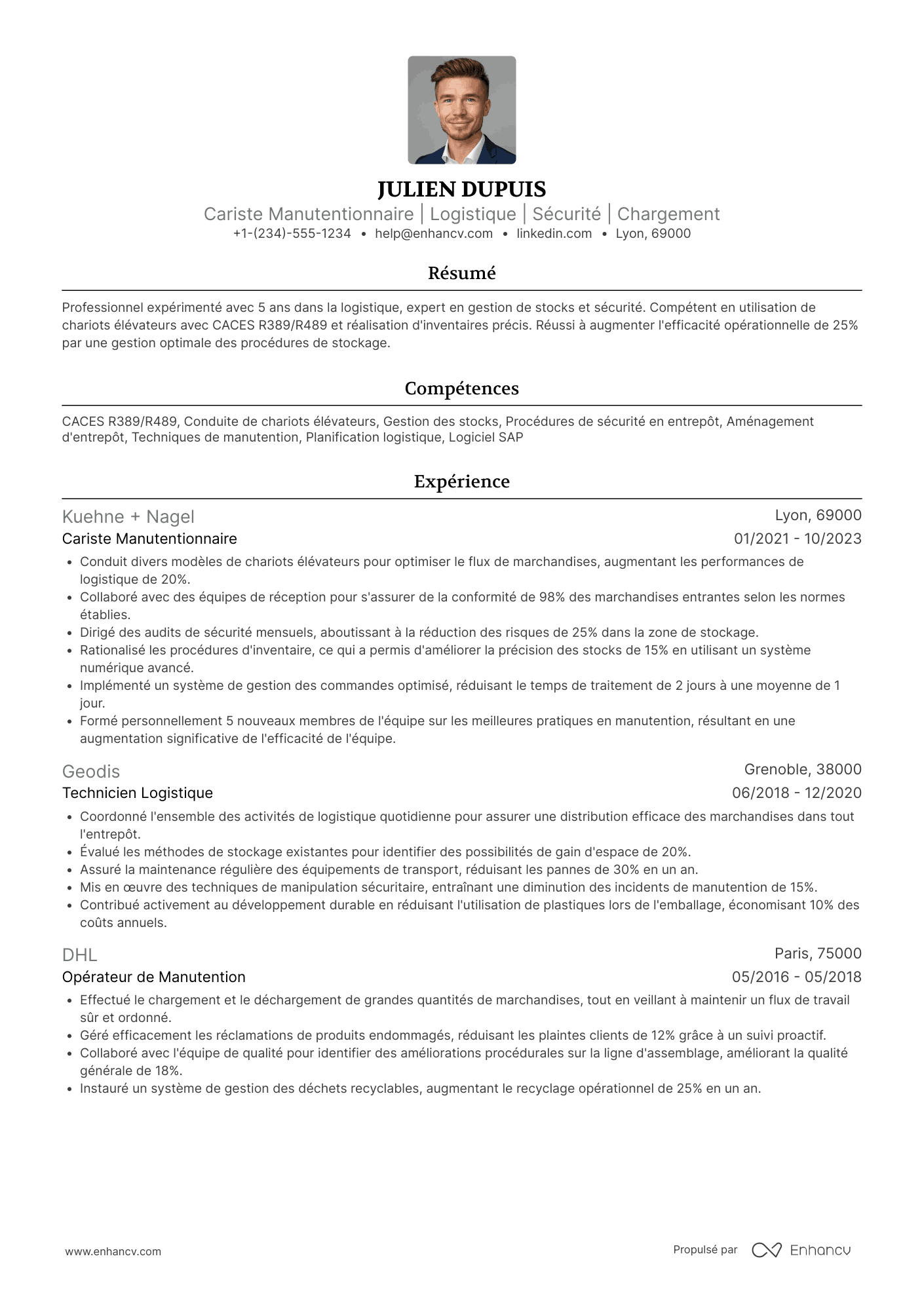 CV de cariste manutentionnaire Resume Example