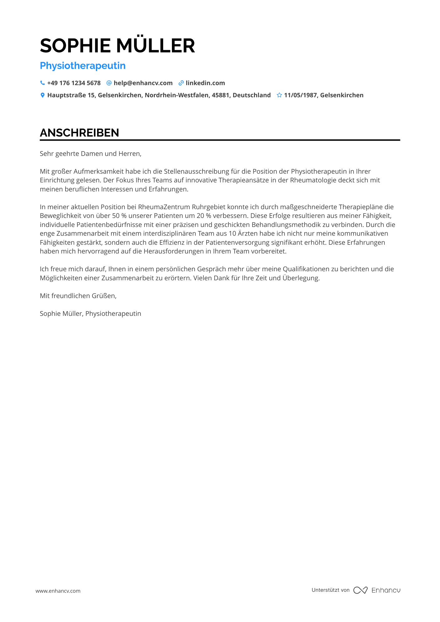 Physiotherapeut in der Rheumatologie Resume Example