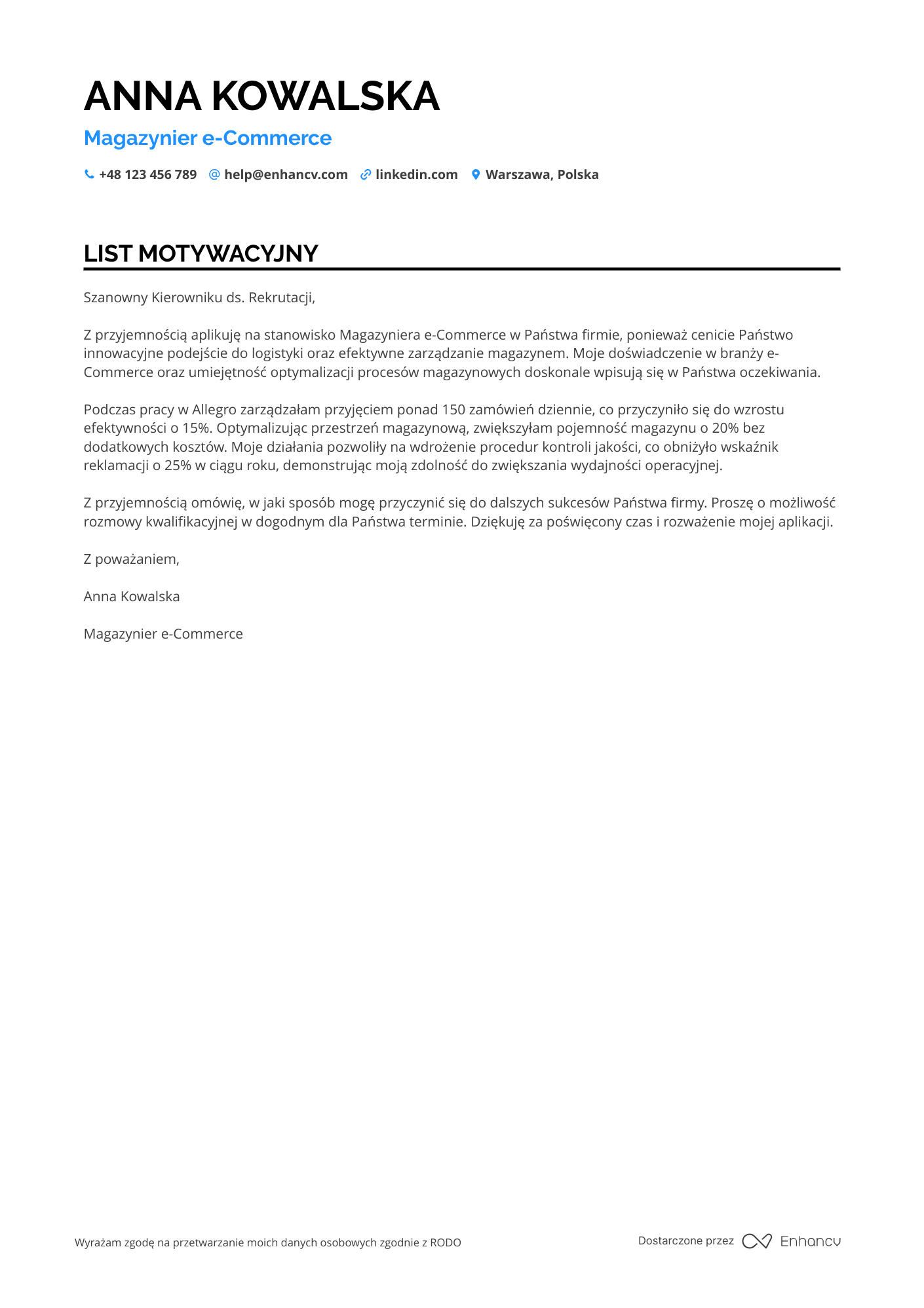 List motywacyjny dla Magazynier e Commerce Resume Example