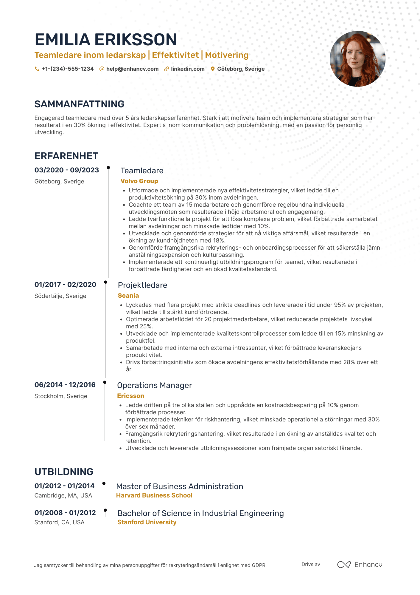 CV för Erfaren Teamledare Resume Example