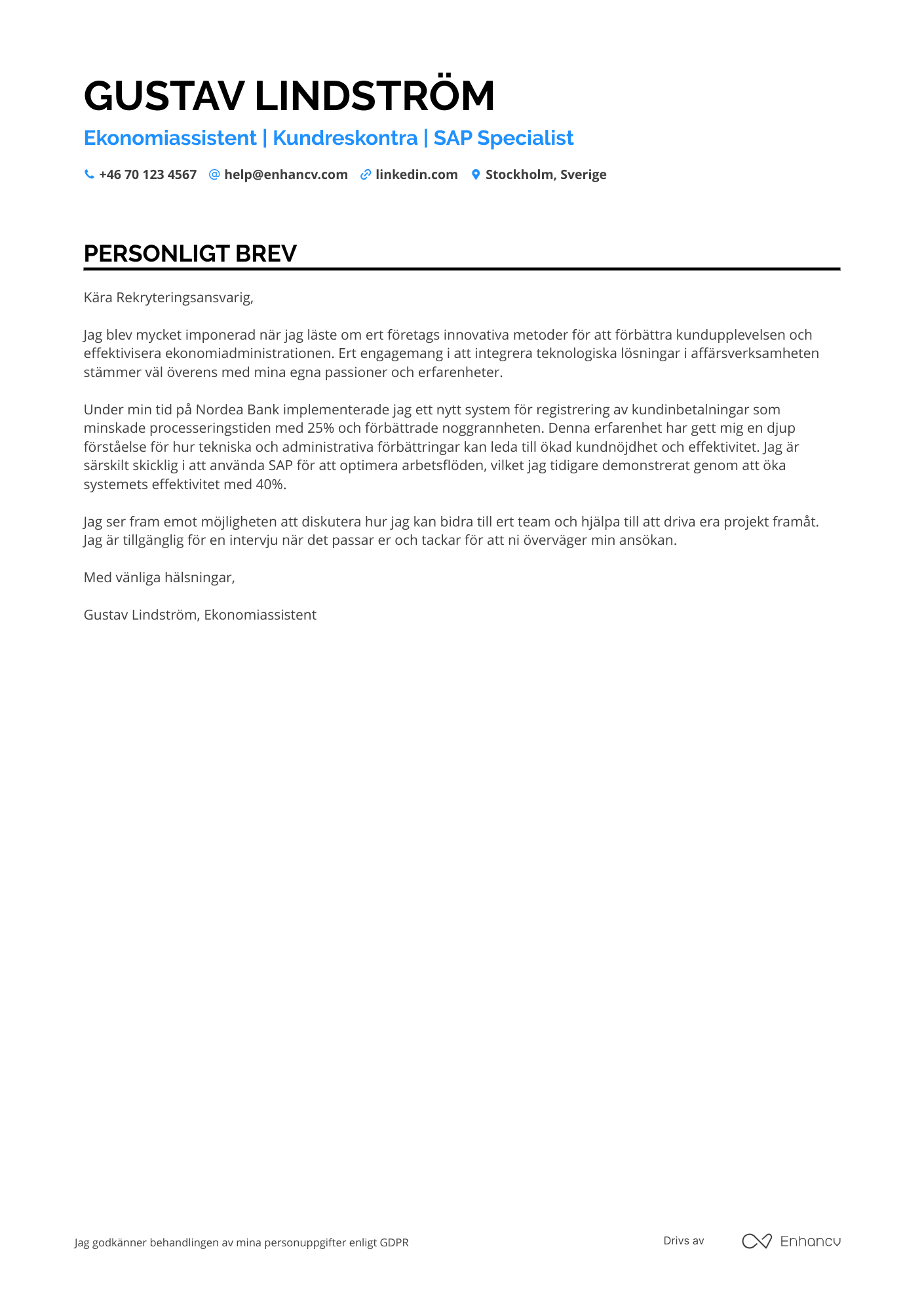 Personligt brev för Ekonomiassistent Kundreskontra Resume Example