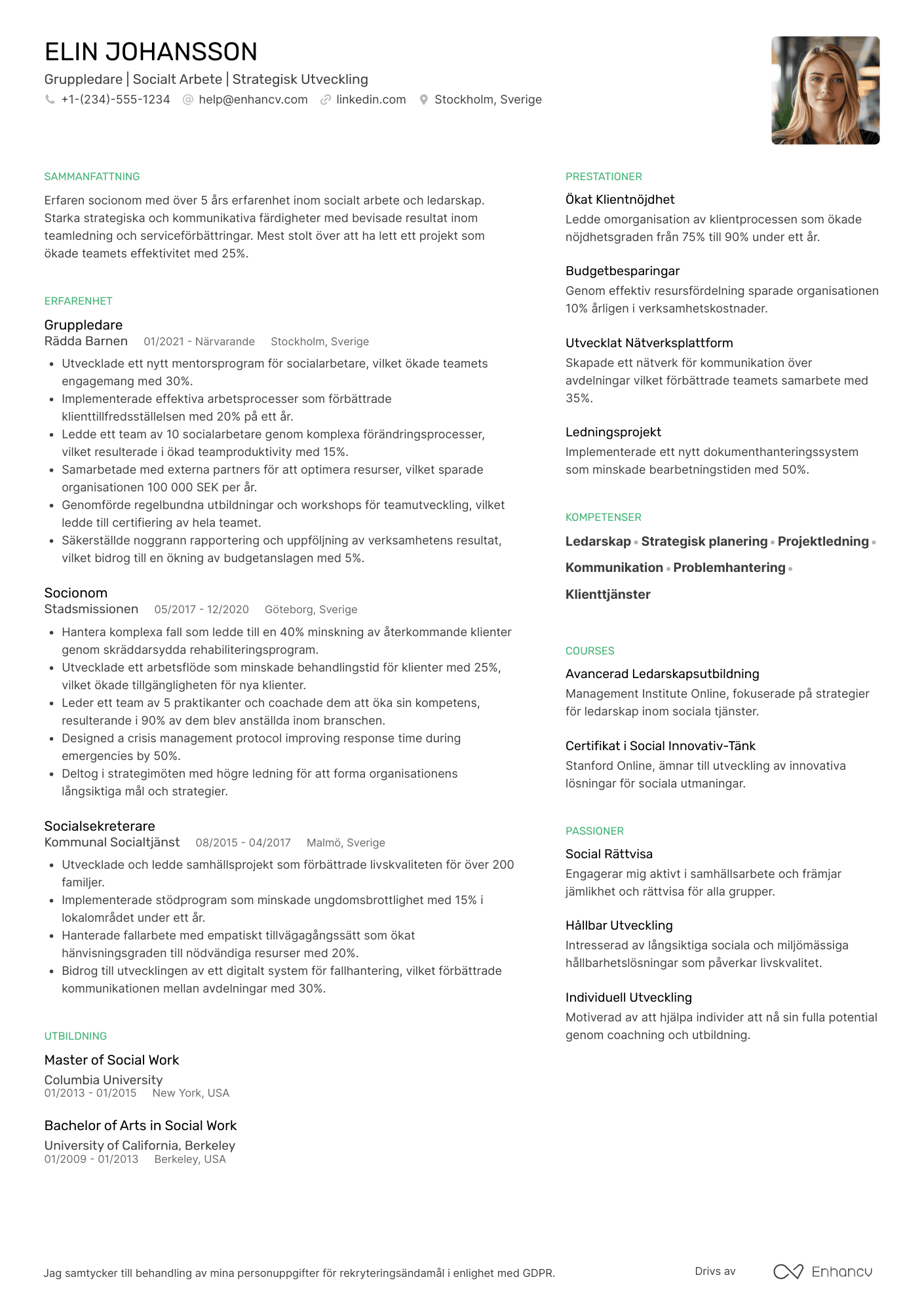 CV för Gruppledare inom socialt arbete Resume Example