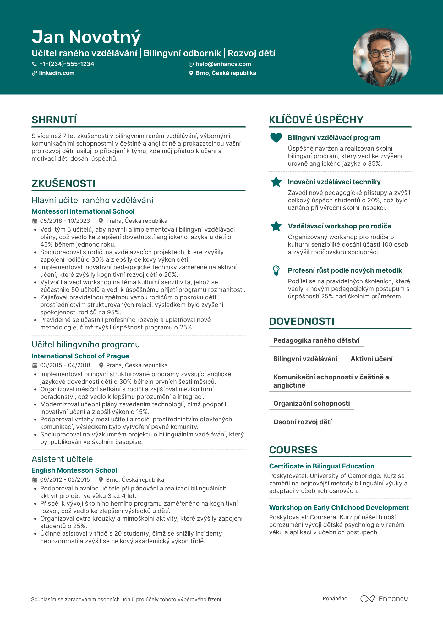 Životopis pro Učitelka raného vzdělávání v bilingvním programu Resume Example