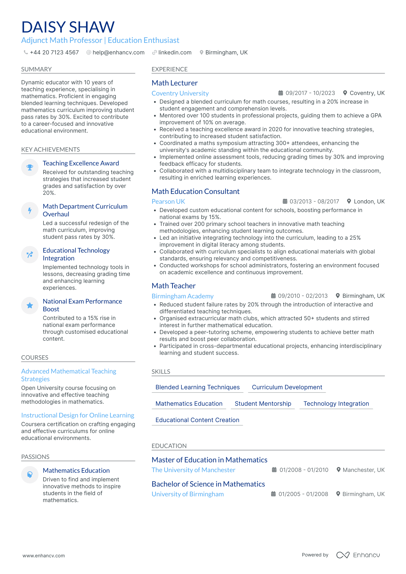 Adjunct Professor of Math Resume Example