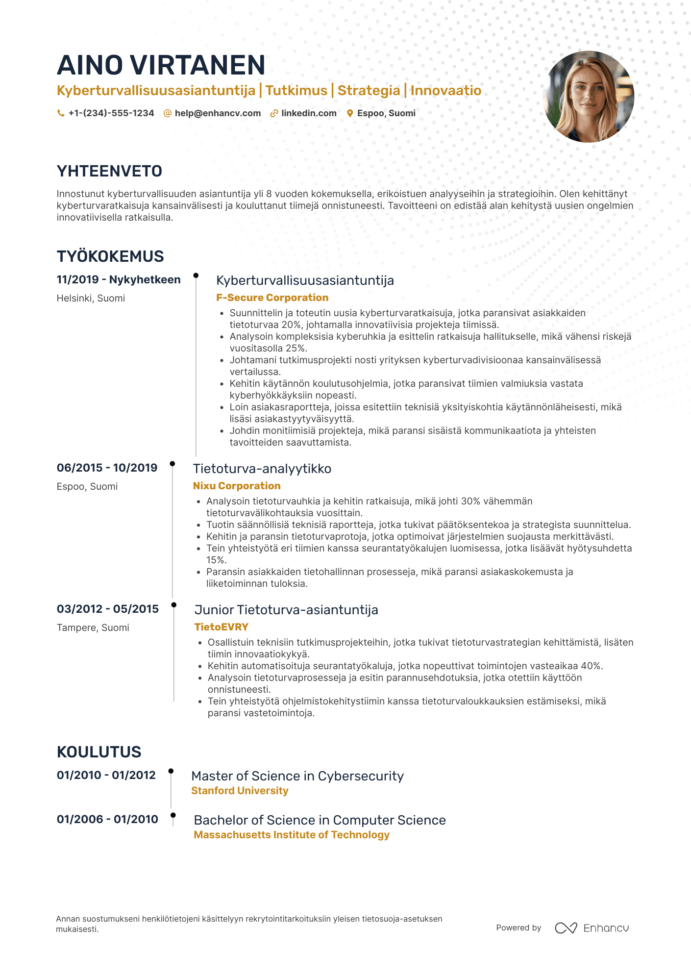 Ansioluettelo Kyberturvallisuusasiantuntija tutkija Resume Example