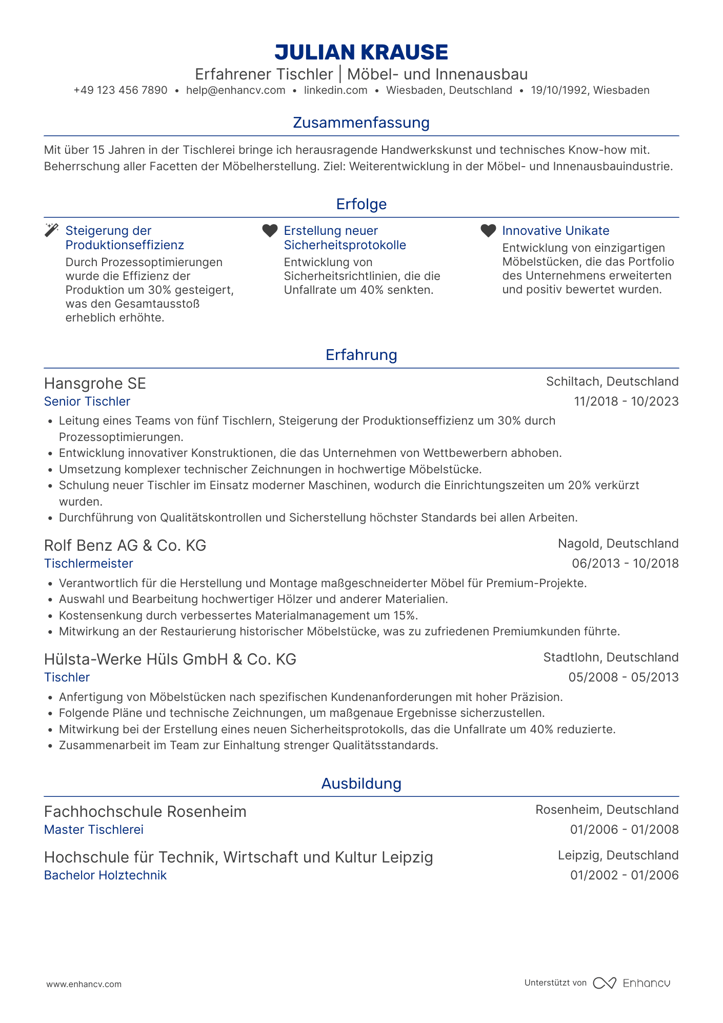 Lebenslauf als Tischler mit über 10 Jahren Erfahrung Resume Example