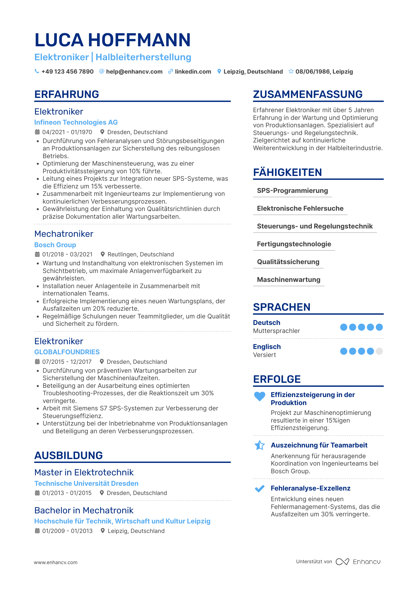 Lebenslauf in Elektroniker in der Halbleiterindustrie Resume Example