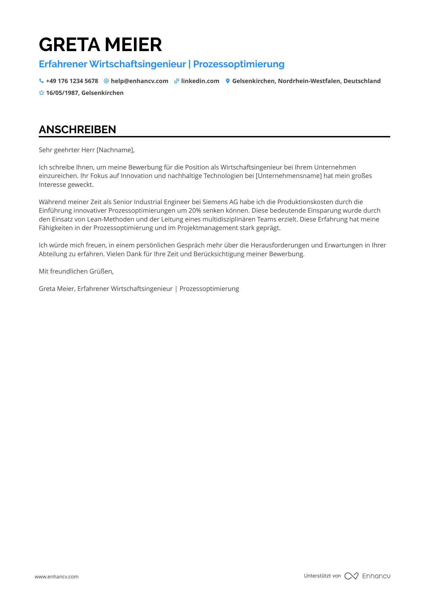 Wirtschaftsingenieur mit Berufserfahrung Resume Example